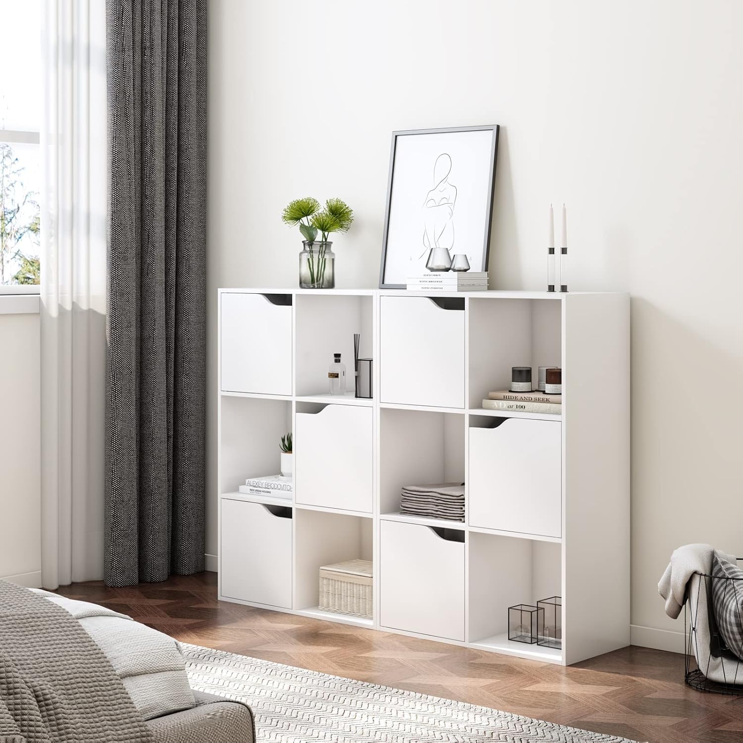 FirFurd Libreria Bianca con 6 Cubi e 3 Porte, Libreria Armadietto 3 Ripiani | Libreria a Cubi｜Scaffale Portaoggetti per Libri｜Mobiletto Multiuso Salvaspazio｜per Casa,Soggiorno,Ufficio｜60x90x29cm｜Bianco
