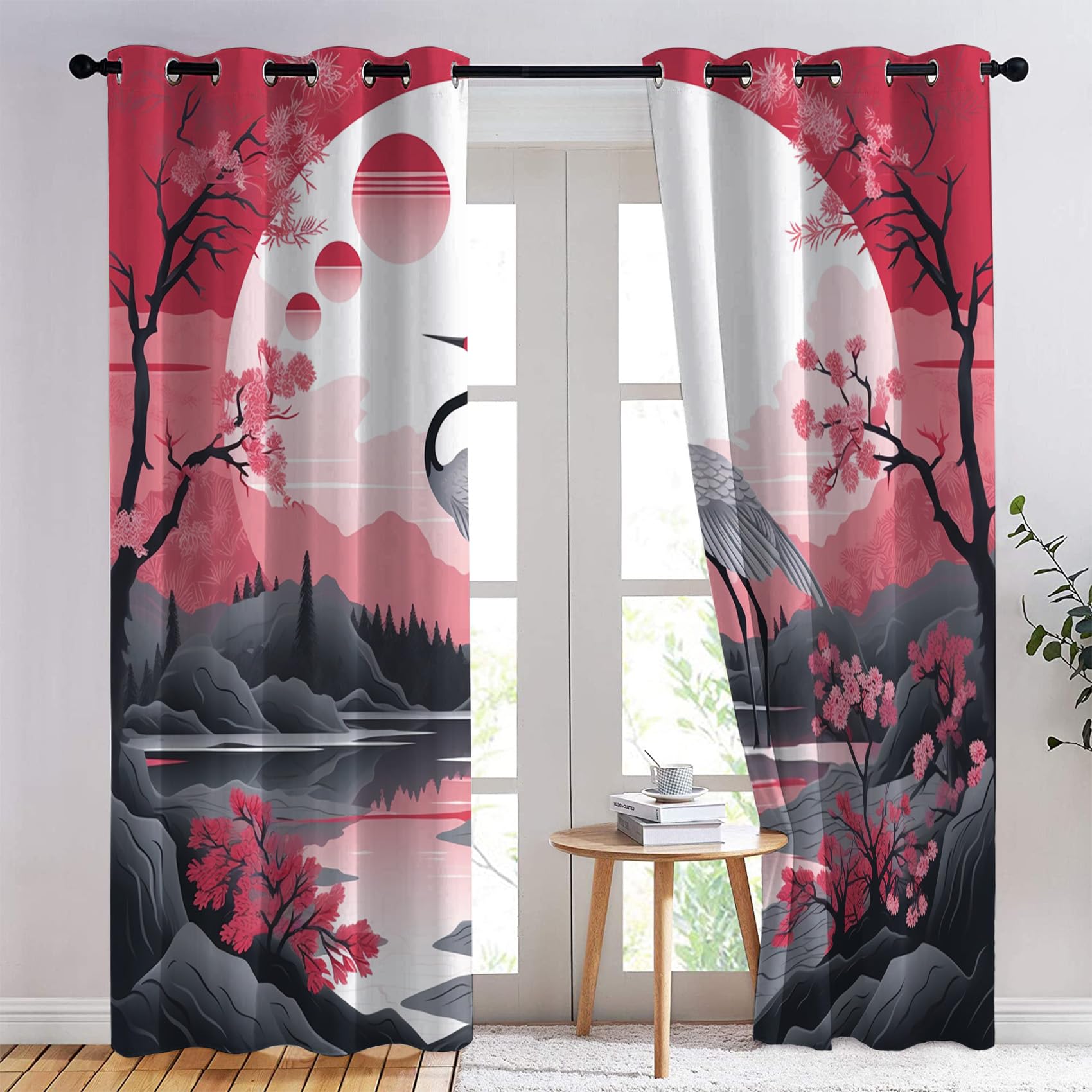Rideau Occultant Fleur Rouge Tournante - Noir Et Blanc - Rideau Thermique Isolant Microfibre Douce Avec œillets - 2X L75 X H166 Cm