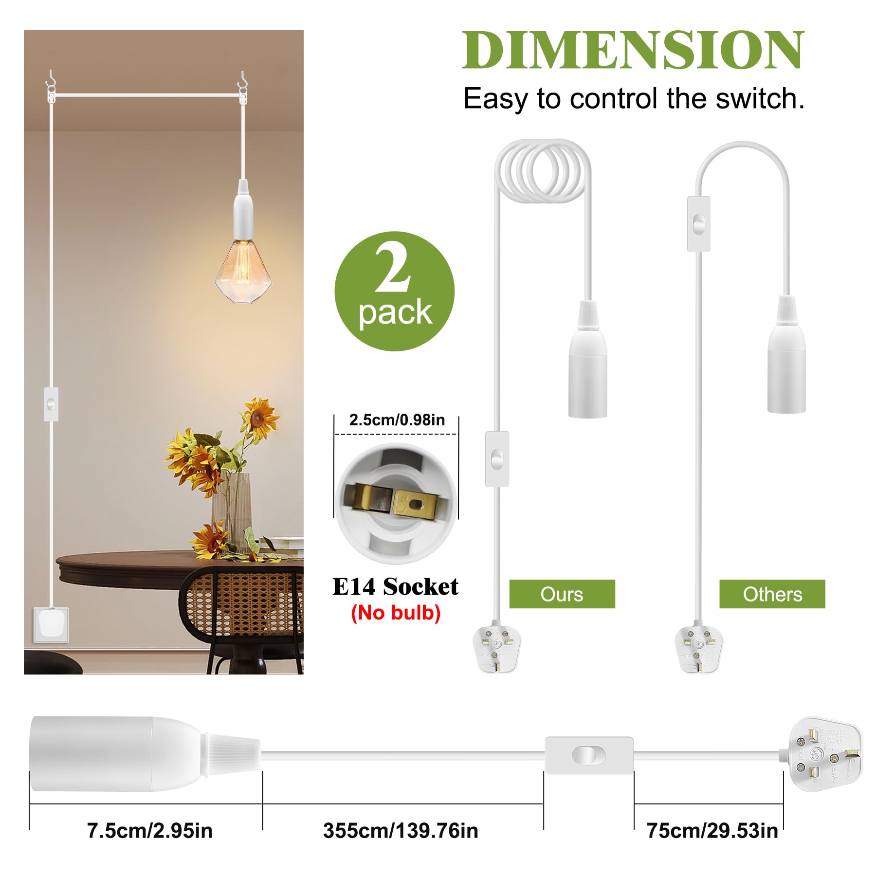 Pendant Light Fitting Kit, 2 Pack E14 Bulb Holder with Switch, 4.5 M White Lamp Cable with Switch And Plug - Image 2