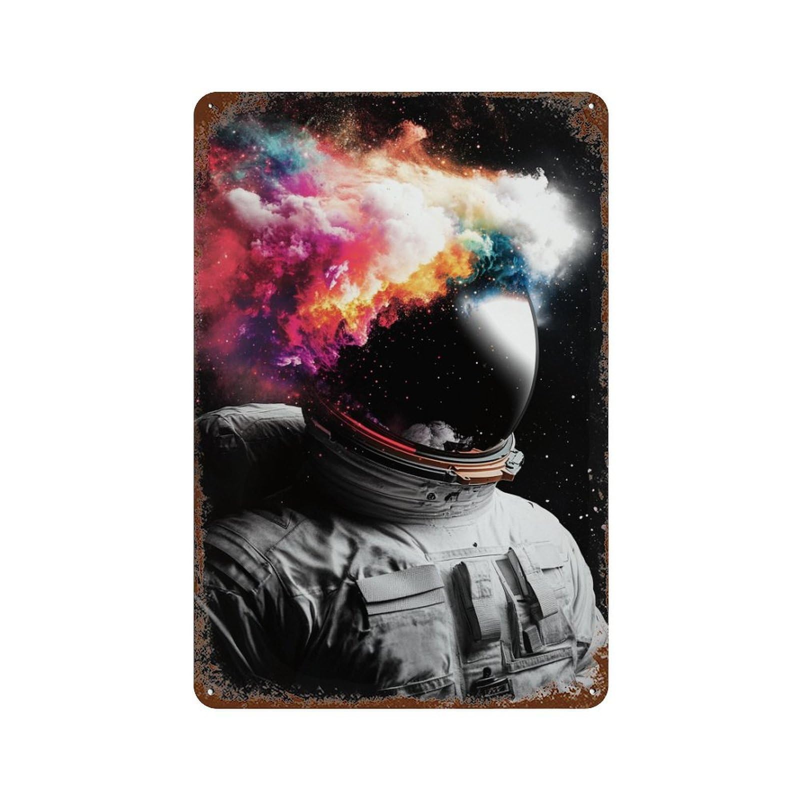 Space Astronaut with Colorful Nebula Weathered Tin Sign 11.8"x7.9", Industrial Home Decor for Basement, Hobby Room And Garage Decor