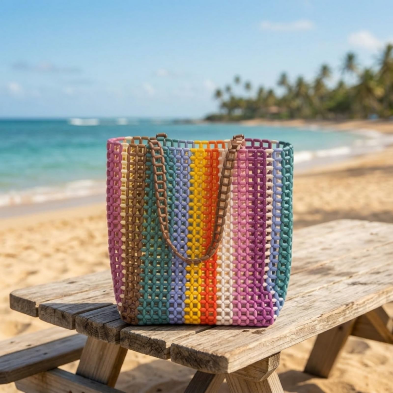 Bolso de Artesanal Bolso de Mano Bolso de Hombro Bolsa Tote Bolsa Tejida en PVC con Caída de Asa de 32 Cm y Diseño Llamativo Adecuado para Playa Mercado y Uso Diario