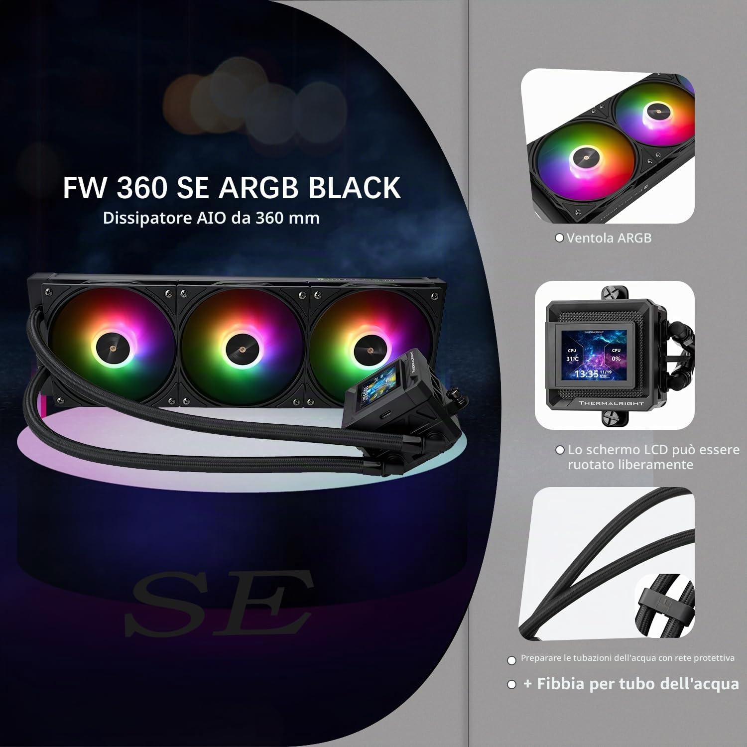 TR-Thermalright FW360 SE Black ARGB Liquid CPU, schermo LCD IPS da 2 pollici con risoluzione 320 x 240, magnetico, tema dello schermo fai da te, per AM4/AM5, LGA1851/1700/115x