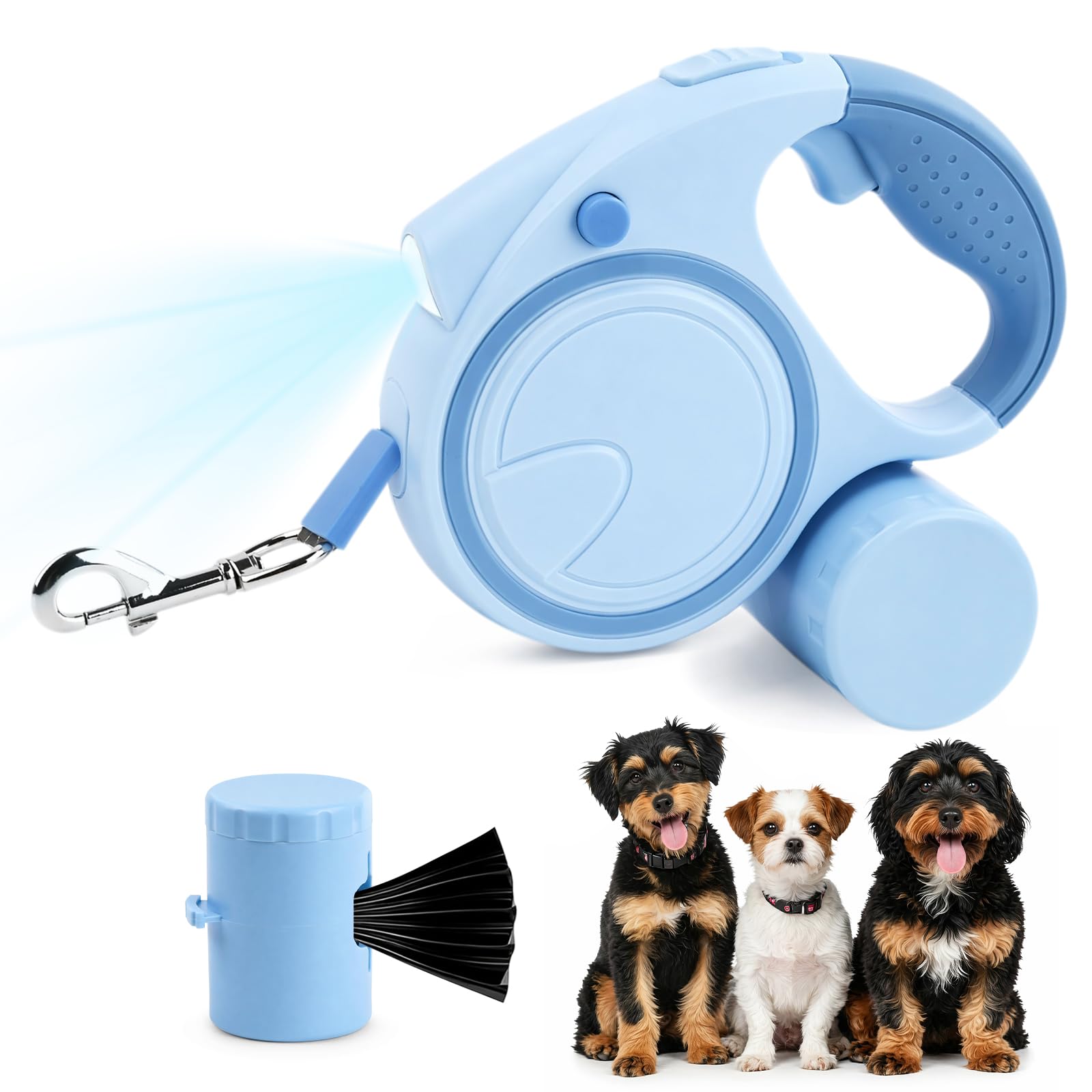 Focenat Correa Perro Extensible 5 Metros, Correa Retráctil 360° Antienredos con con Luz LED y Dispensador de Bolsas, Mango Ergonómico, para Perros Pequeños y Medianos hasta 25kg (Azul)