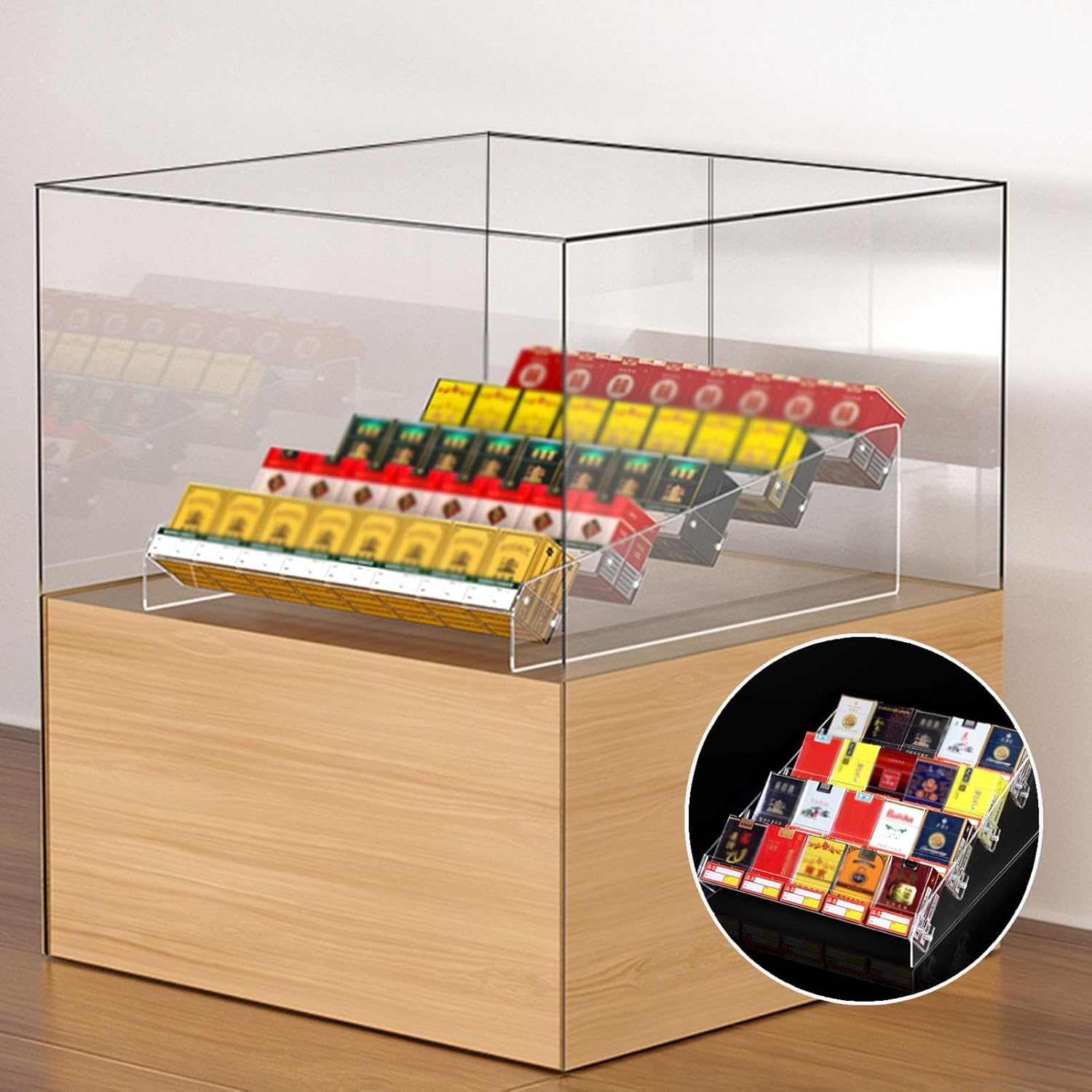 Clear Acrylic Trapezoid Cigarette Display Rack - Retail Counter Organizer for Snacks, Chewing Gum & Toys - Desktop Stand Case (48.5x50x14.5cm) - Stylish & Durable