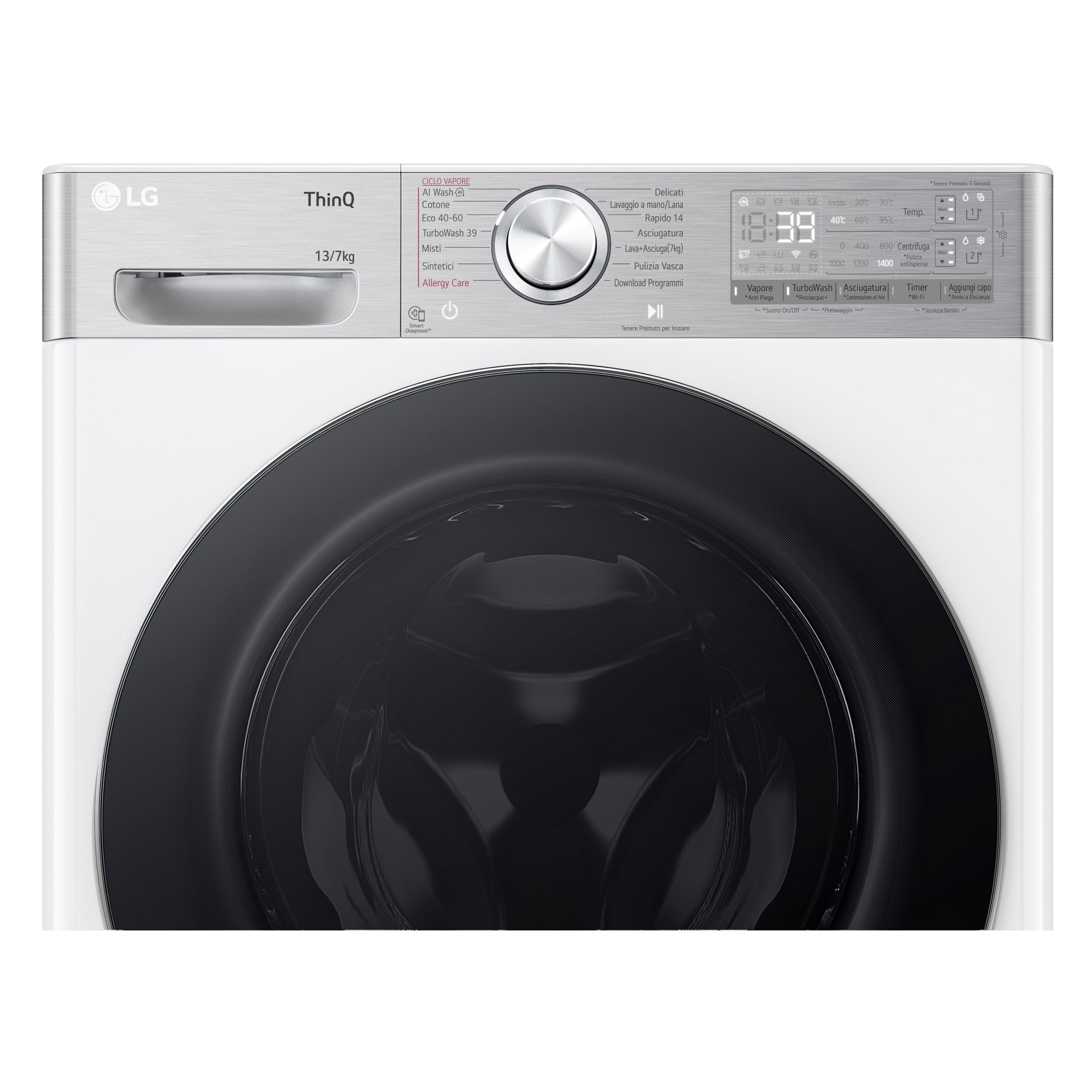 LG AI DD D4R9513TPWC Lavasciuga 13/7kg, Serie R9, Classe D, Lavatrice Asciugatrice, 1400 Giri, TurboWash 360, Vapore Steam+ e Antipiega, Autodosaggio, Wi-Fi, Bianca