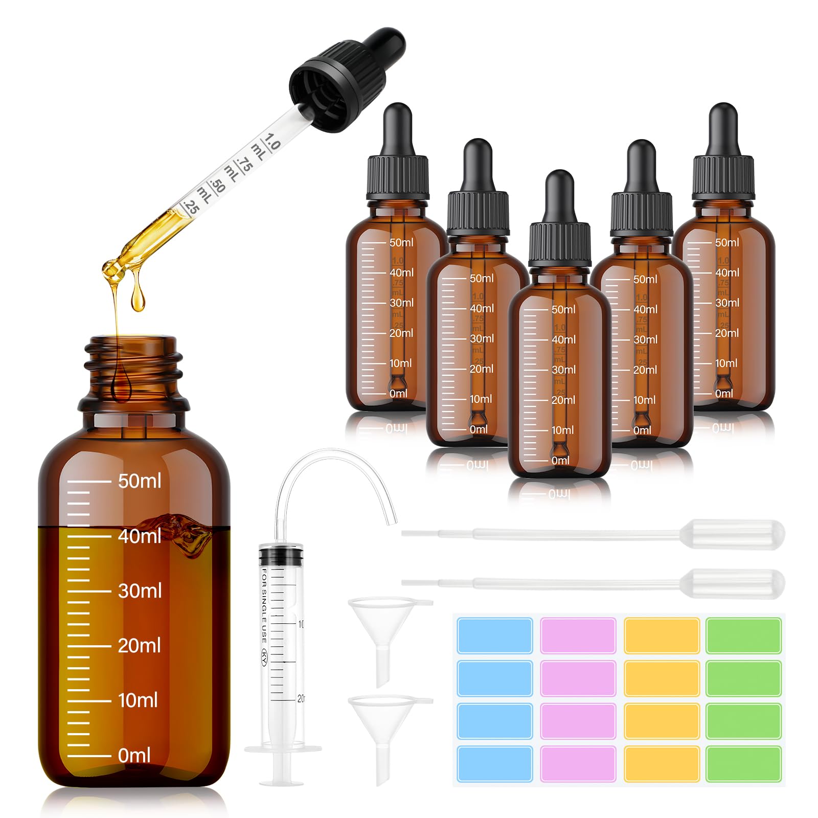 Frascos cuentagotas de vidrio marrón 50 ml, antirayos UV, para aceites esenciales, perfume, aromaterapia