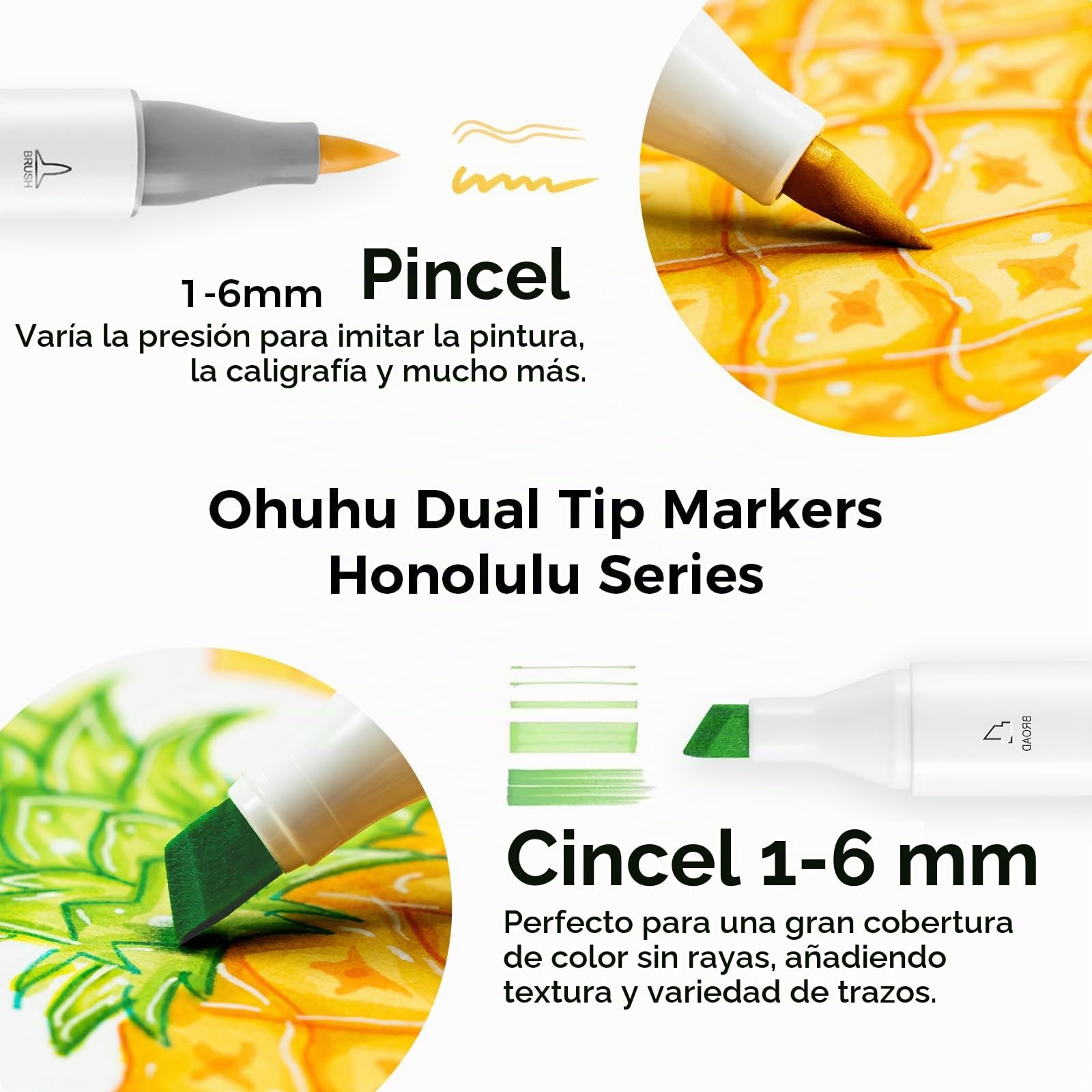 Ohuhu Rotuladores Alcohol 168 Pincel & Cincel Set Arte Recargable | Doble Punta Mezcla Fácil & Sin Manchas Secado Rápido para Ilustración Caligrafía & Bocetos AP Certificado - Honolulu