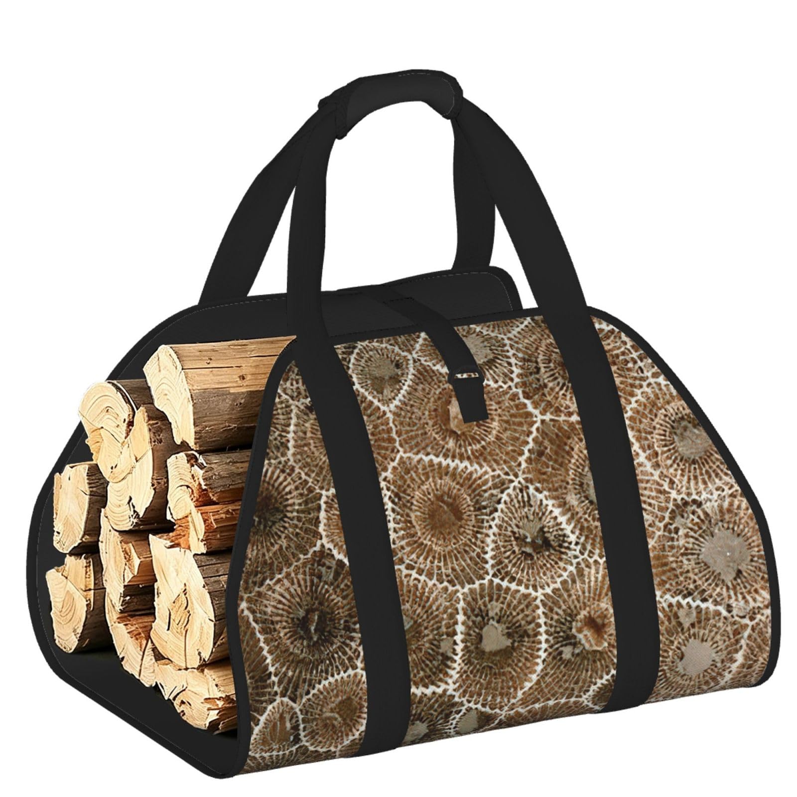 Pphgut Black Petoskey Stone Print Firewood Bag Wood Carrier Transport Sack Camping Picnic Storage Daily Home