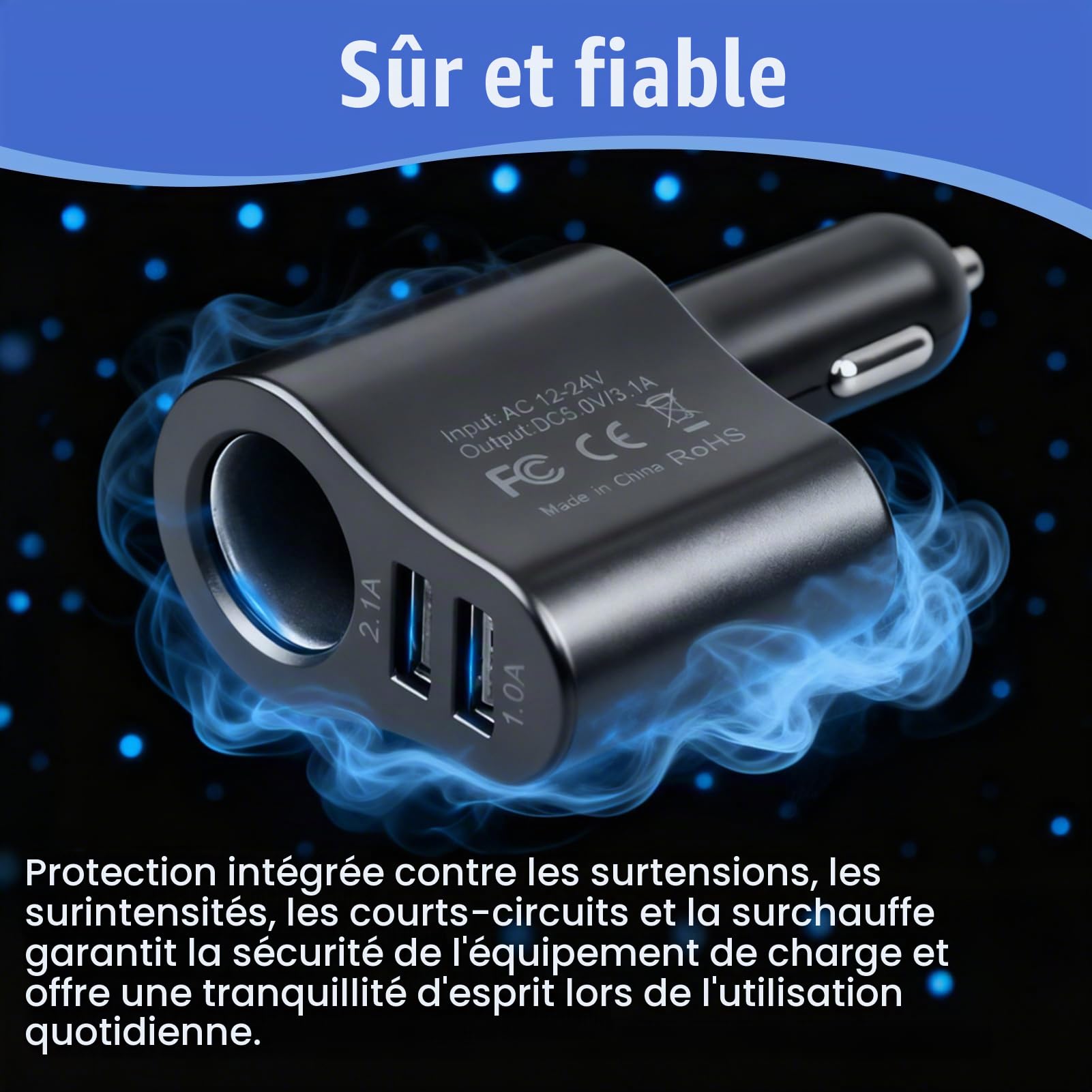 Chargeur Allume Cigare USB, 3 en 1 Chargeur Voiture 12V/24V 60W | Adaptateur Allume-Cigare Car Charger USB Type C Rapide 2.1A pour iphone 16 15 14 13 12 11 GalaxyS25 S24 GPS Dash Cam Tablette