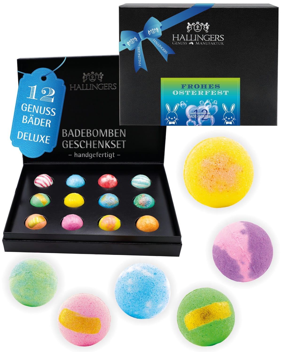 Hallingers Genuss Manufaktur Badebomben Oster-Geschenk-Set - 12x Badekugeln Bath Bombs in edler Geschenkbox, Frauen Badeperlen-Wellness & Spa ""Frohes Osterfes..."", Ostern Körbchen für Frauen Männer