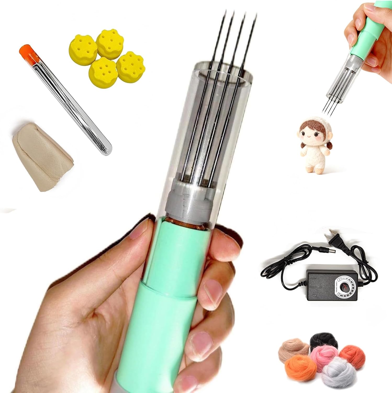 Electric Needle Felting Machine Set Wool Needle Felting Tool 1-7 Needles with Speed Control Needle Felting Machine for Fast Felting Adjustable Speed DIY Wool Painting and Felted Craft Work (Green)