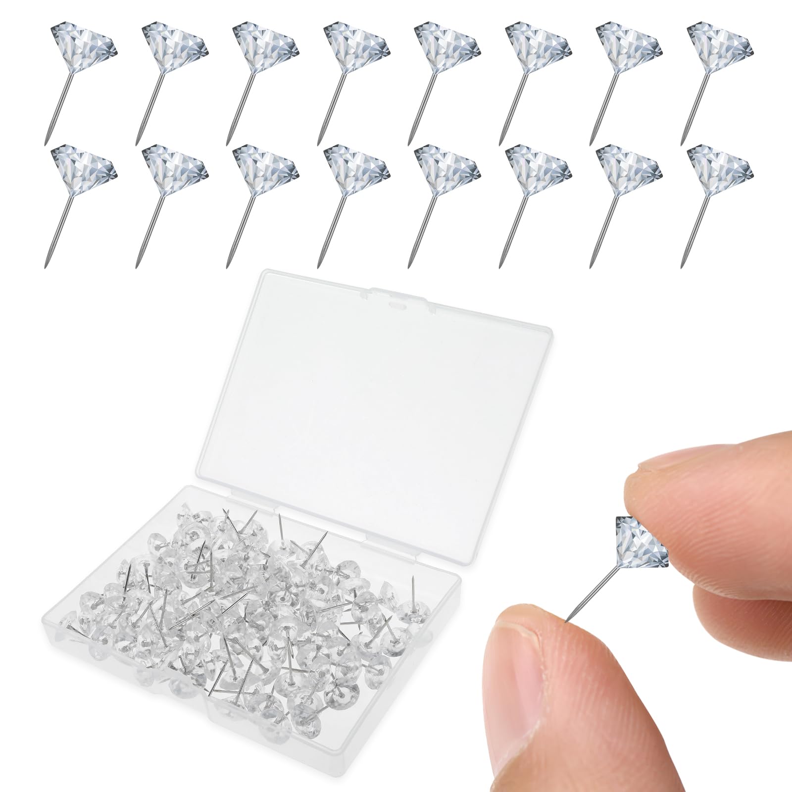 COMNICO Transparente Reißzwecke, 100 Stück Pinnwandnadeln, Diamant-Reißzwecken, Edelstahl Dekorativer Daumen Kristall Polster Nägel für Büro Karte Kalender