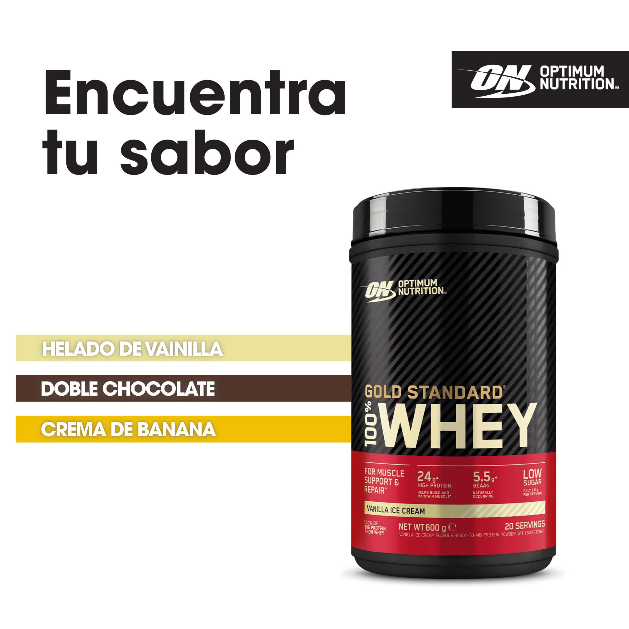 Optimum Nutrition Gold Standard 100% Whey, Proteína en Polvo, Sabor Helado de Vainilla, 600g, 20 Servicios