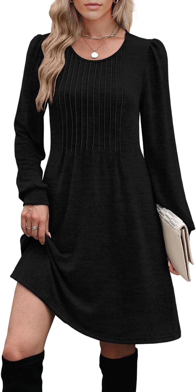 OFEEFAN Long Sleeve Dress for Women Pleated Crew Neck Casual Babydoll Sweater Dress with Pockets Fall Outfits Fashion - Image 4