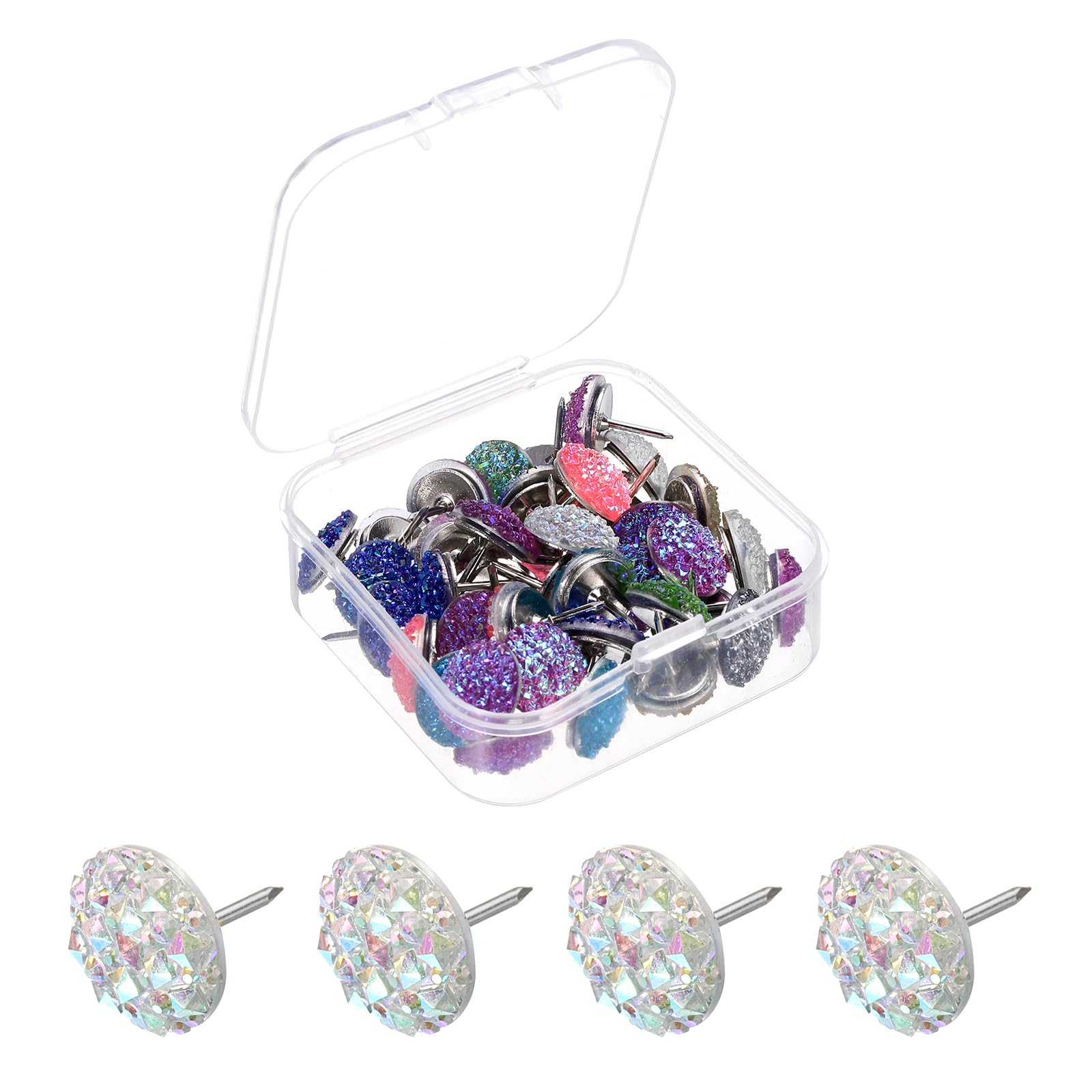 sourcing map 40Pcs Rhinestone Push Pins, 12mmx13mm Shiny Diamond Decorative Thumb Tacks Upholstery Tacks for Cork Board Bulletin Board Wall Hangings, Multicolor/Silver