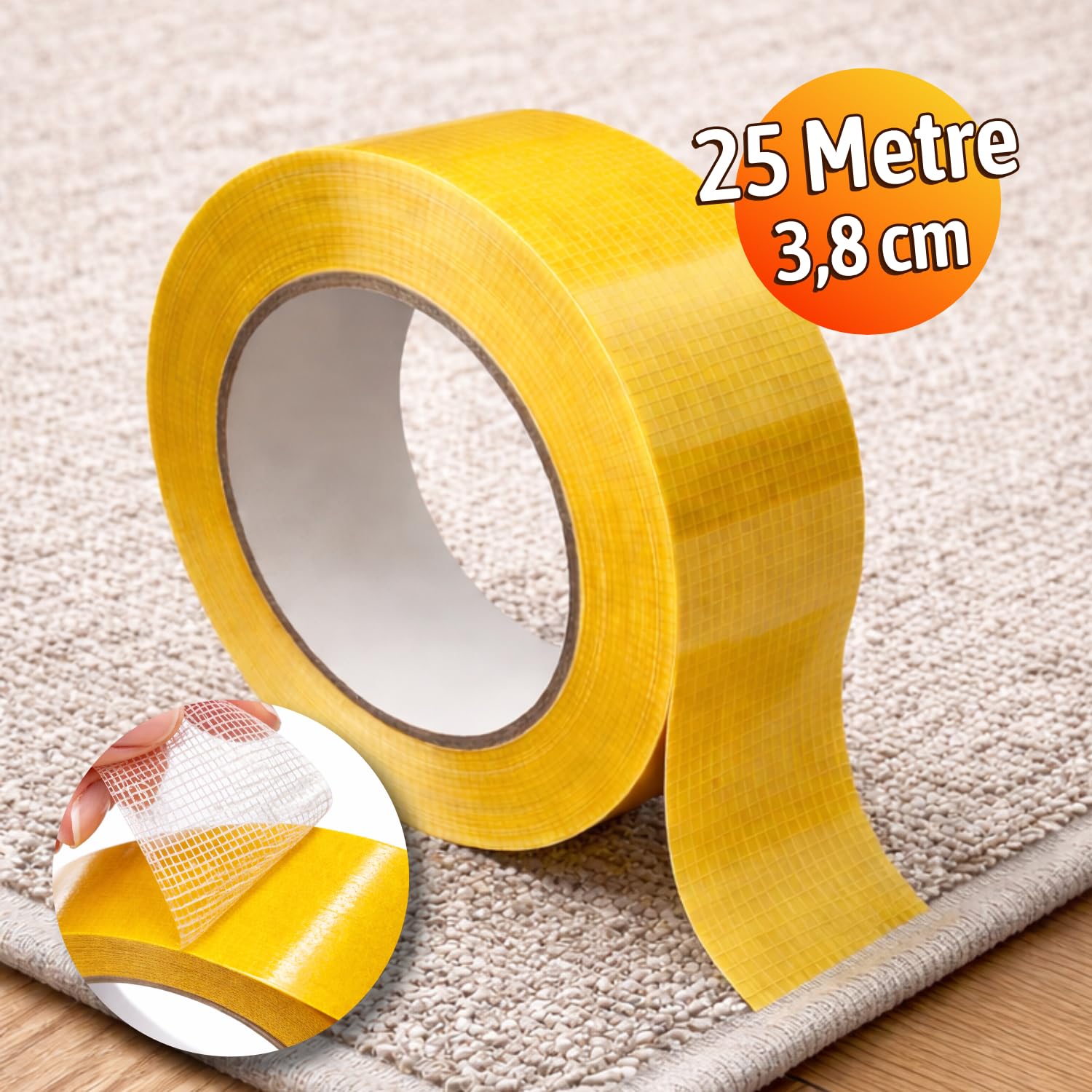 Çift Taraflı (1 Adet) 25 Metre Güçlü Yapışkanlı Fileli Takviyeli Kaydırmaz Halı Bandı Kilim Paspas