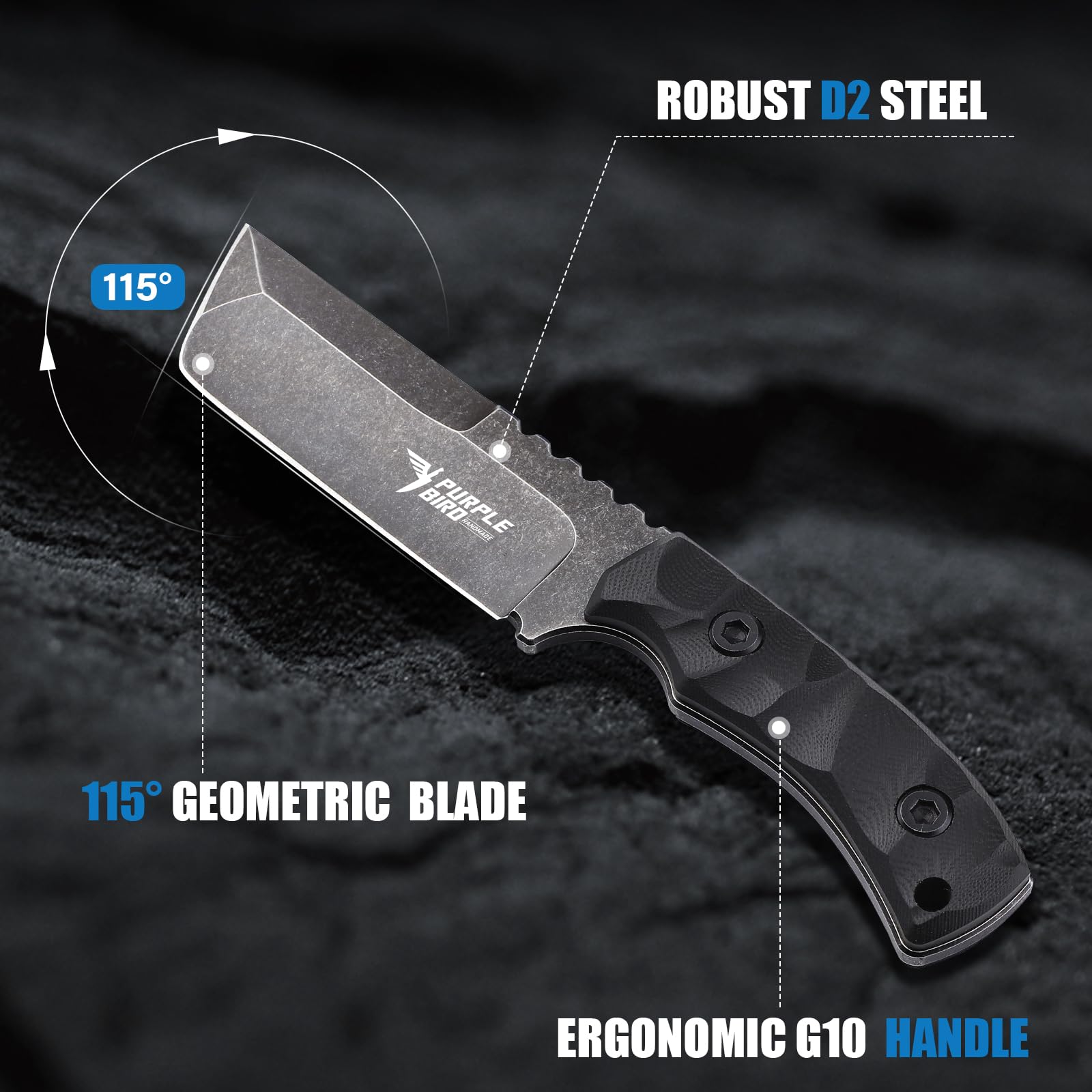 PURPLEBIRD Coltello da Caccia Lama Fissa, Coltello Bushcraft, Coltello EDC Outdoor con Manico in G10, Fondina in Kydex, Coltello Esterno a Lama Intera (Nero)
