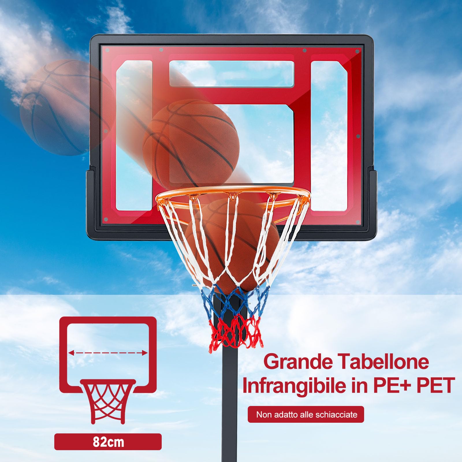 GYMAX Canestro Basket Portatile, Canestro da Basket Regolabile in Altezza 155-310 CM inclusi Pallone da Basket e una Pompa, con Tabellone Infrangibile 2 Ruote Base e Borsa, per Bambini e Adulti