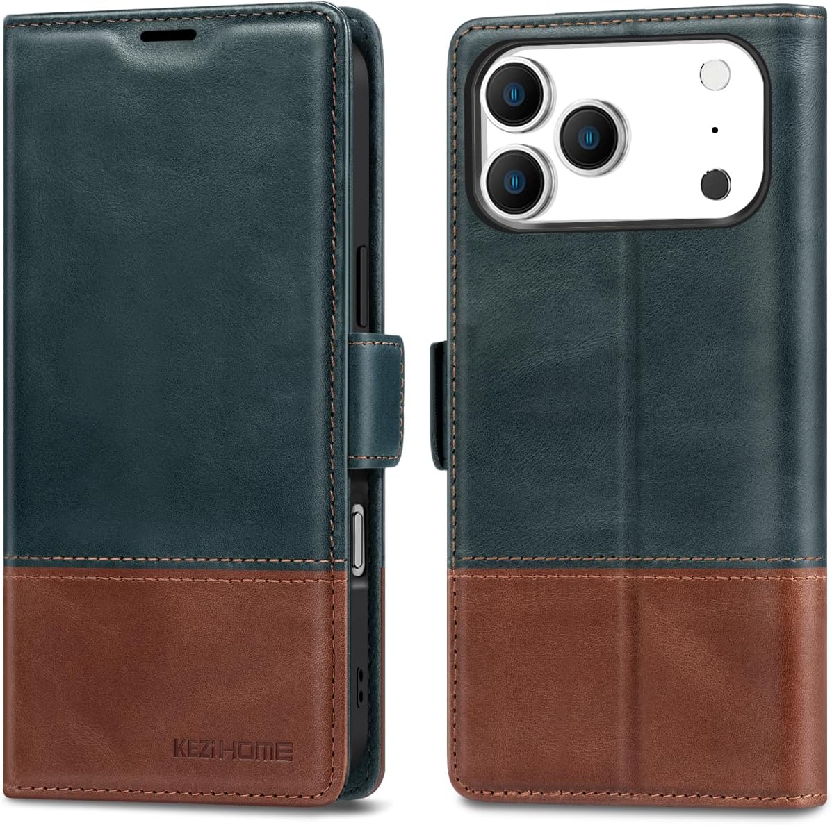 KEZiHOME Compatible with iPhone 17 pro max Wallet case, Shockproof Genuine Leather[RFID Blocking] Card Slot Magnetic Stand Filio Phone case for iPhone 17 pro max 5G (Navy Blue/Brown)