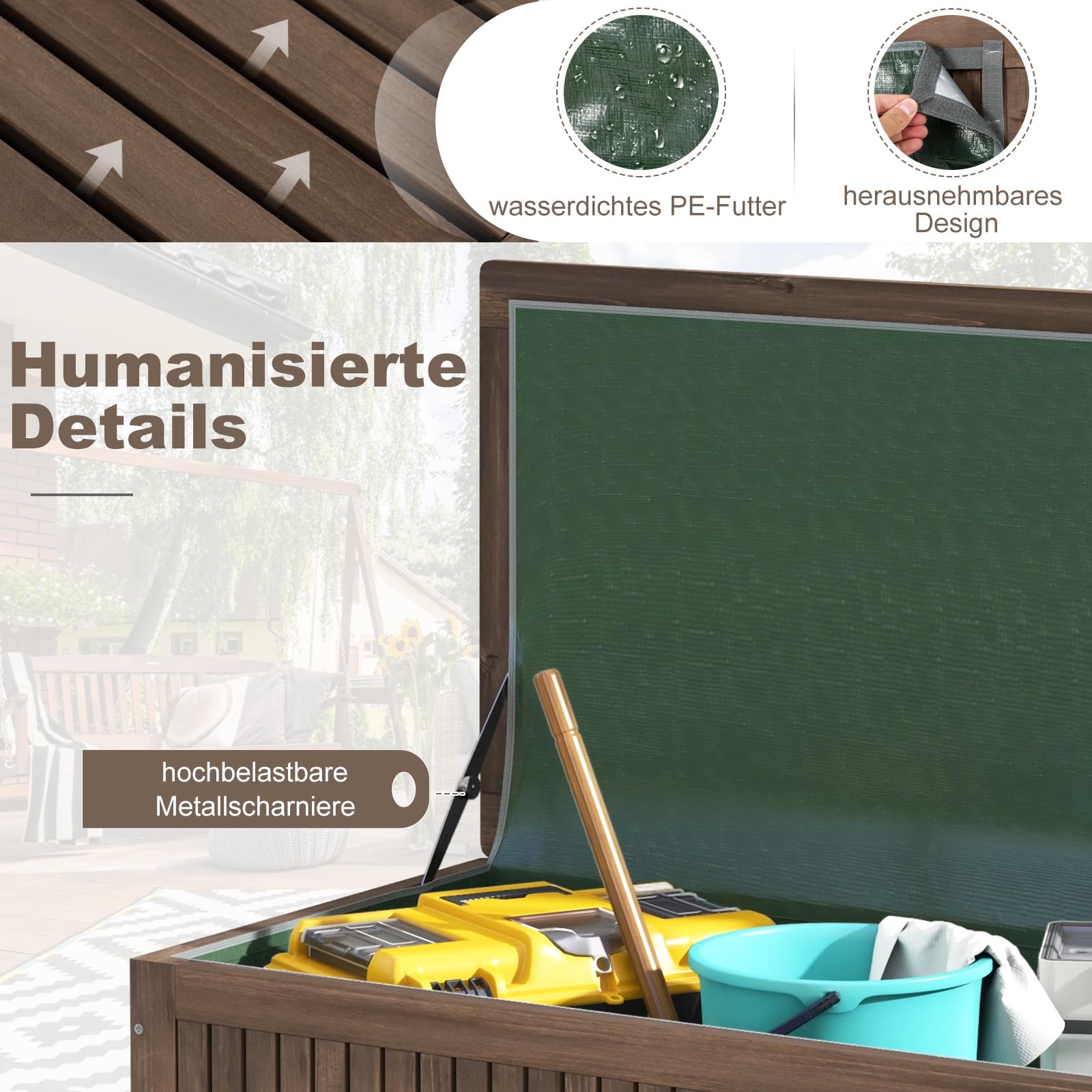 COSTWAY Gartenbox Holz 213 L, Aufbewahrungsbox mit Rädern, Kissenbox mit wasserdichter PE-Auskleidung, Auflagenbox mit Deckel & Griff, für Garten Terrasse, 114 x 58,5 x 51 cm, Braun
