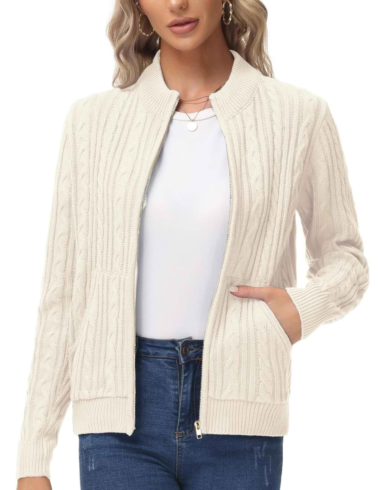 KANCY KOLE Women Zip Up Sweaters, Chunky Cable Knit Cardigan with Pockets Warm Cozy Cardigan Trendy, Fall Fashion 2026, Long Sleeve Open Front Sweater Jacket, Knit Outwear Coat