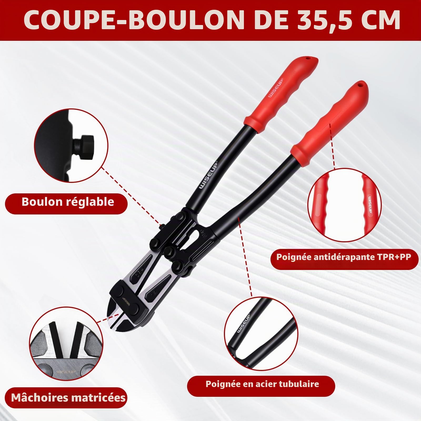 WISEUP Lot de 3 pinces coupe-boulons, coupe-boulons robuste de 35,6 cm et mini coupe-boulons de 20,3 cm, coupe-câble de 20,3 cm avec sac de transport, coupe facilement les cadenas, les fils barbelés