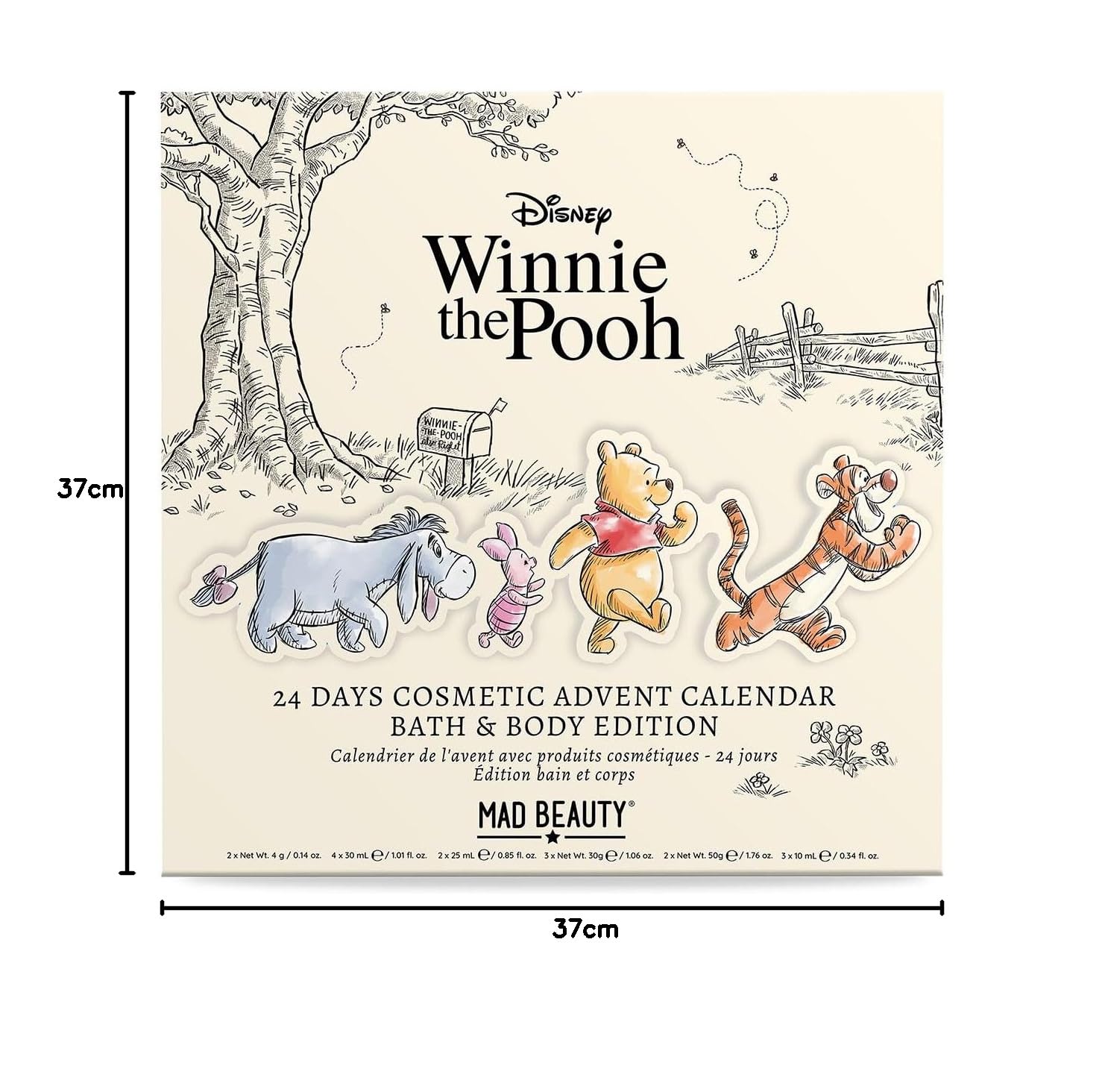 MAD Beauty – Disney WINNIE THE POOH Adventskalender mit 24 Kosmetik Produkten, Wellness Adventskalender für Frauen mit Gesichtsmaske, Bodylotion, Haargummi, Nagelfeile – Weihnachtskalender Beauty