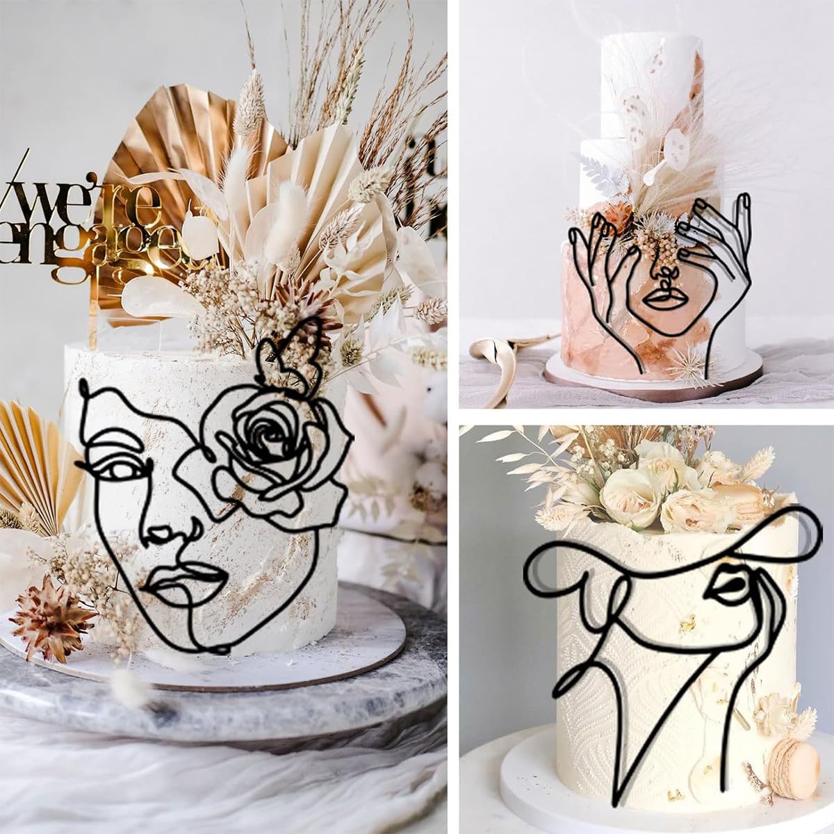 10 Stück Minimalistische Lady Face Cake Topper Aus Acryl | 12x18 Cm, In Schwarz, Gold & Silber Für Geburtstag & Hochzeit