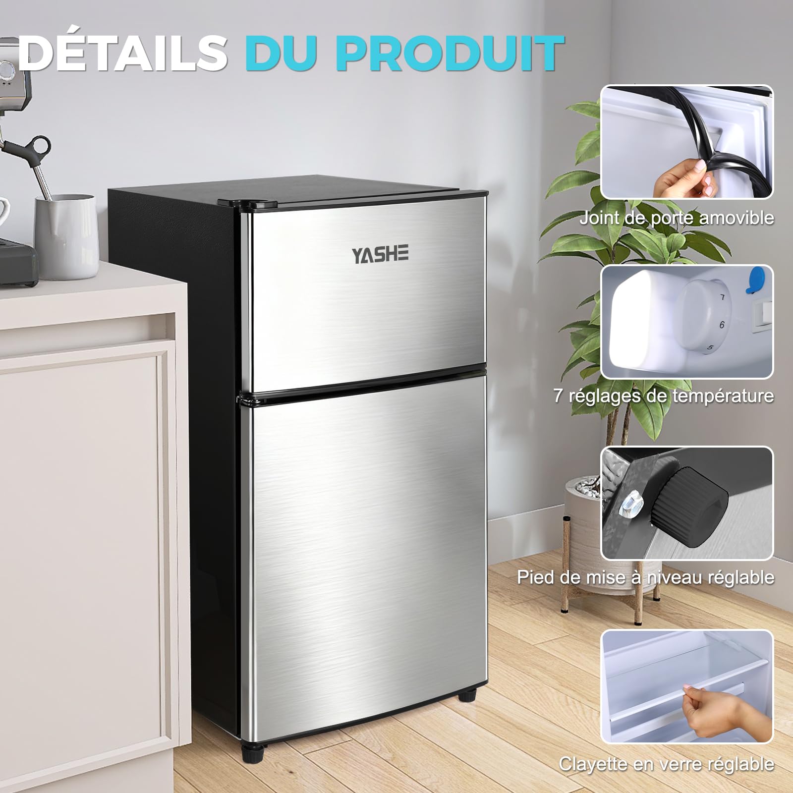 YASHE Mini réfrigérateur 86 L avec congélateur, double porte, thermostat réglable 7 niveaux