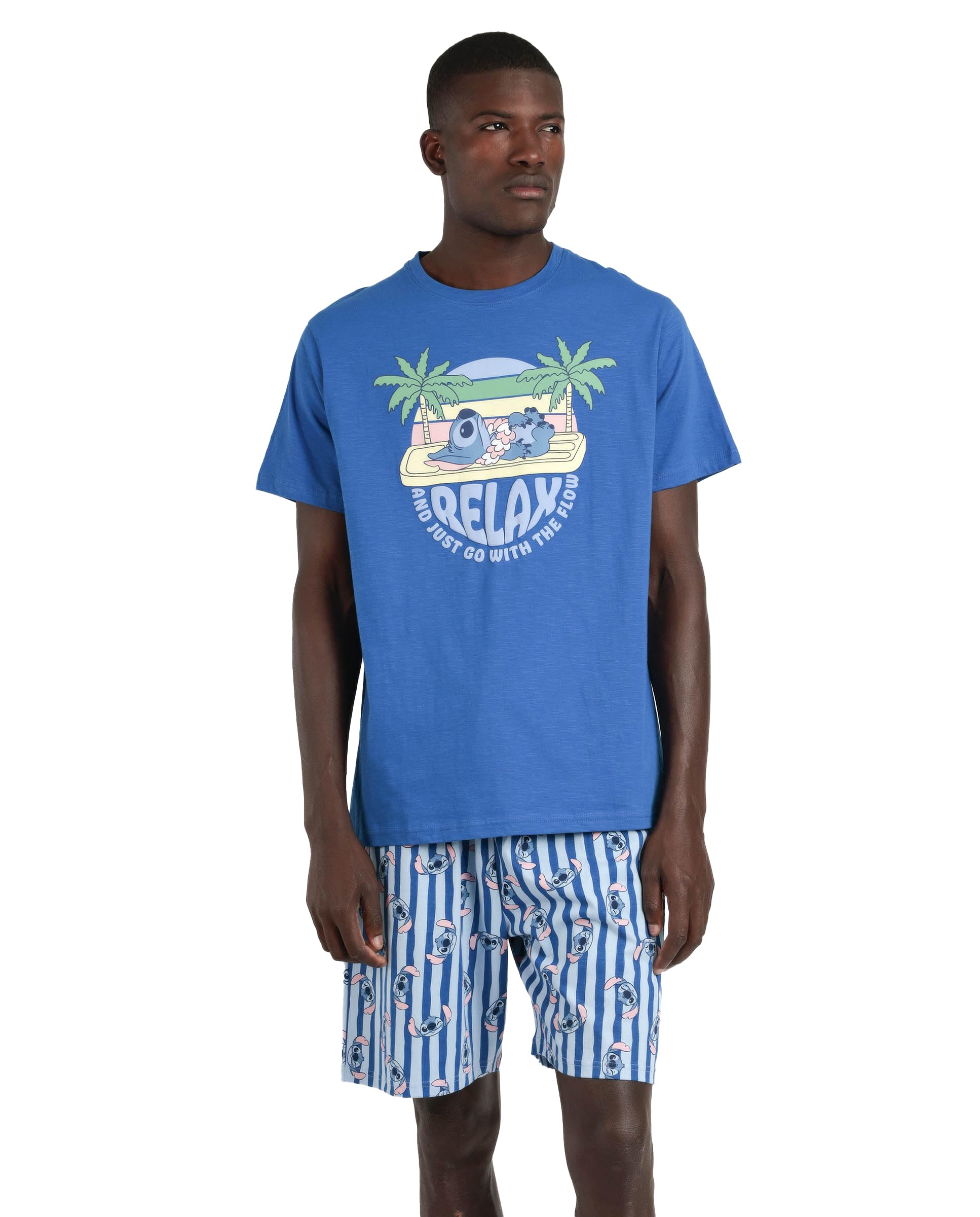 Disney Pijama Hombre Verano 100% algodón - Pijama Manga Corta Stitch Waves para Hombre – pantalón Corto con Cinturilla Ajustable Estampado – Tejido Suave al Tacto, Azul Talla XXL