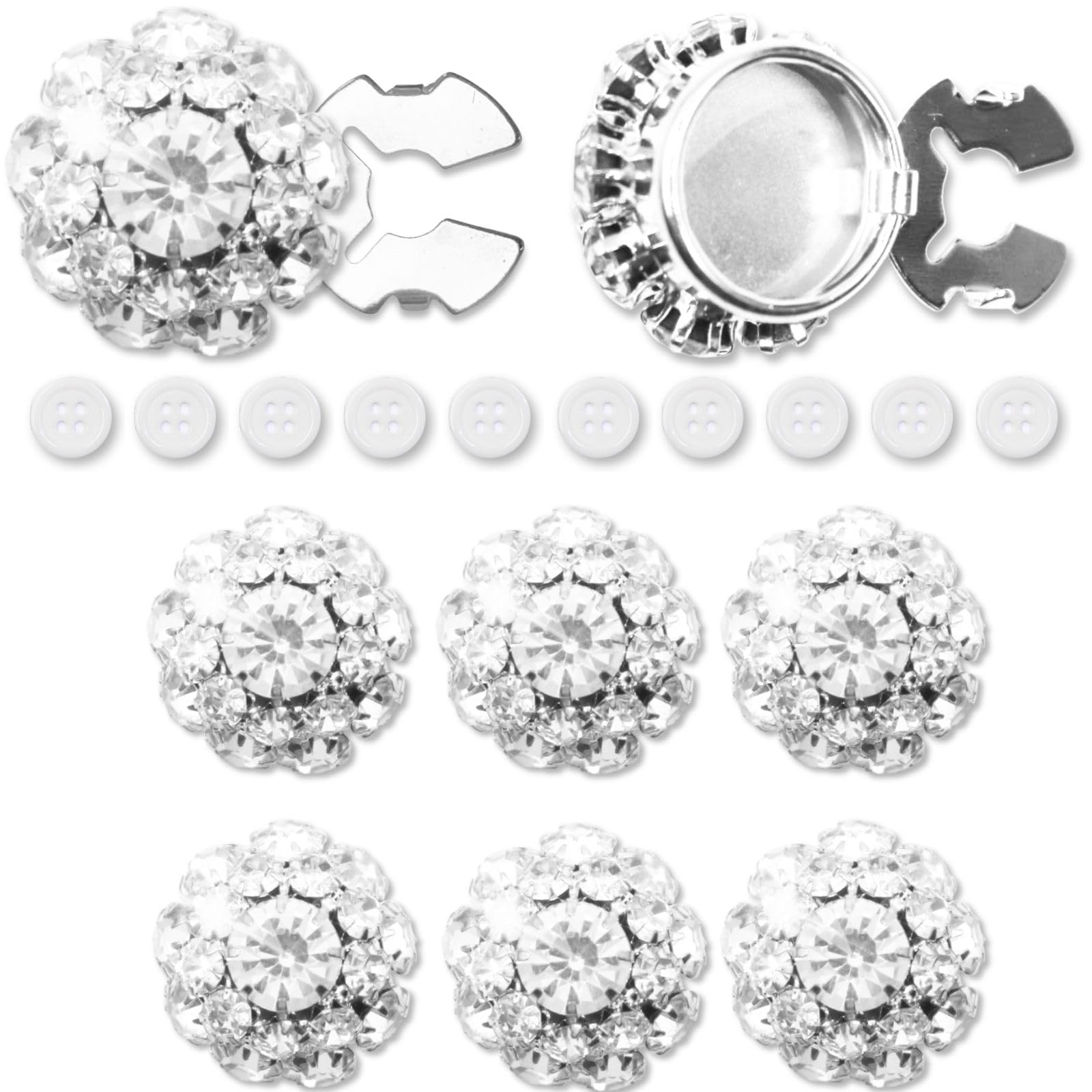 PEARLY JUN Button Covers for Women Blouses 6 Sets, 10 Pcs 18L 11.5MM 15/32” Sewing Buttons, Silver Rhinestone White Crystal Buttons for Women Suitable