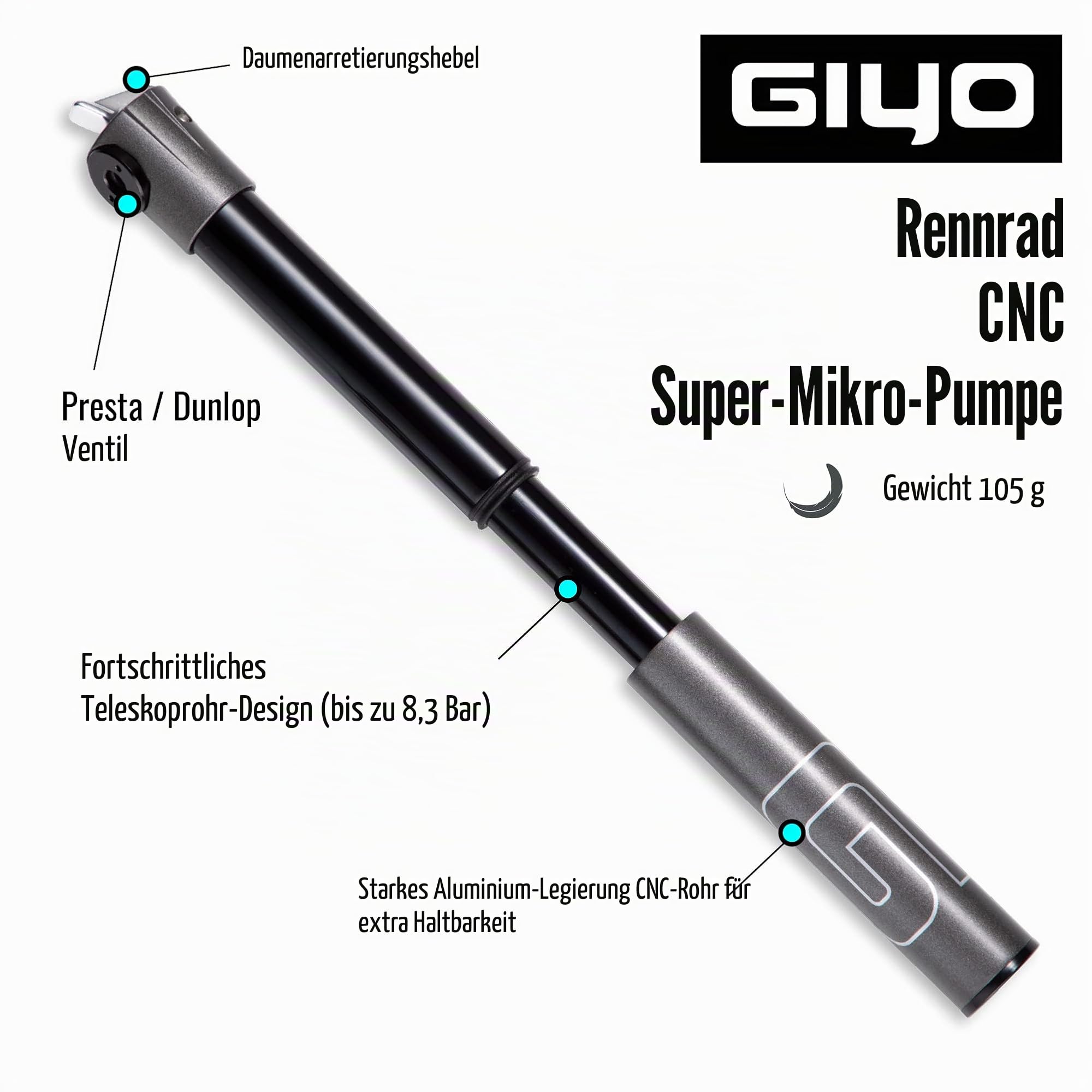 GIYO Mini-Fahrradpumpe für Rennräder, Presta-Ventil, 120 PSI CNC-Teleskopfass, leicht und tragbar, sicheres Ventilschloss, hergestellt in Taiwan (GM04)
