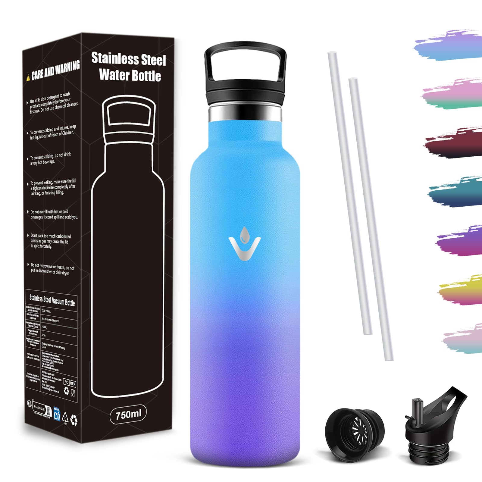 Mujigaga 750ml Insulated Water Bottle, Leak-Proof Design Water Bottle, BPA Free, Stainless Steel Thermal Bottle with Vacuum Insulated Straw for School, Cycling, Camping, Yoga, Gym