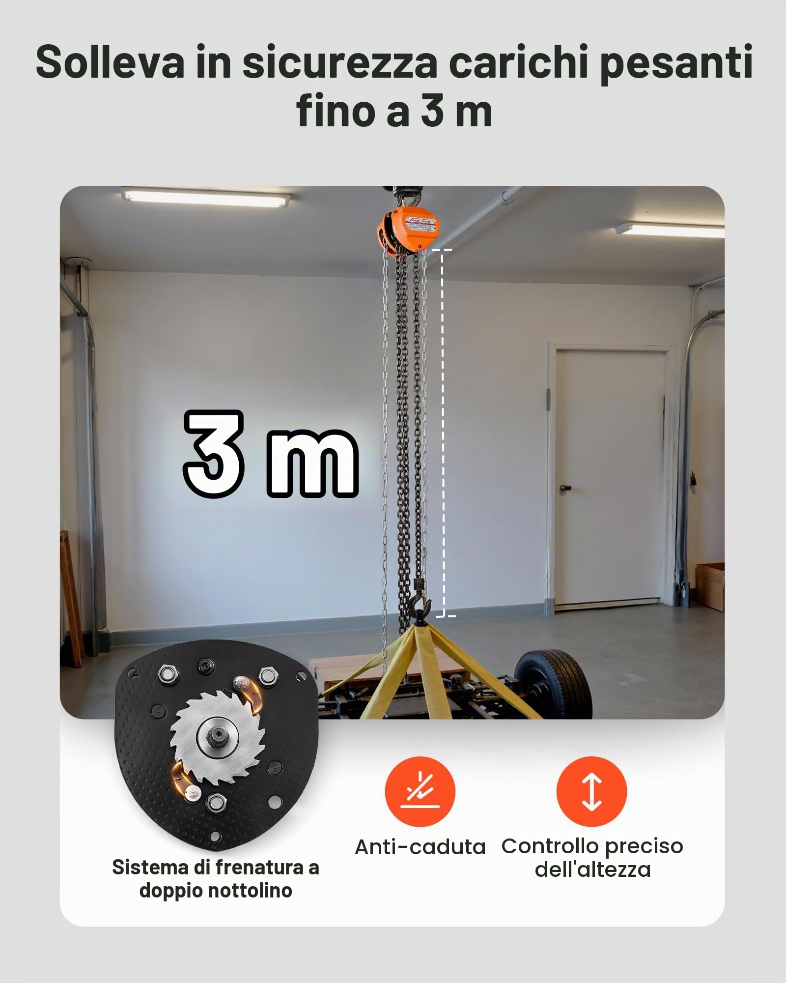VEVOR Paranco a Catena Manuale, Capacità 0,5 T, con Catena Zincata G80 di Aggiornamento, Altezza di Sollevamento 3 m, Paranco a Puleggia per Macchinari Automobilistici da Magazzino, Arancione