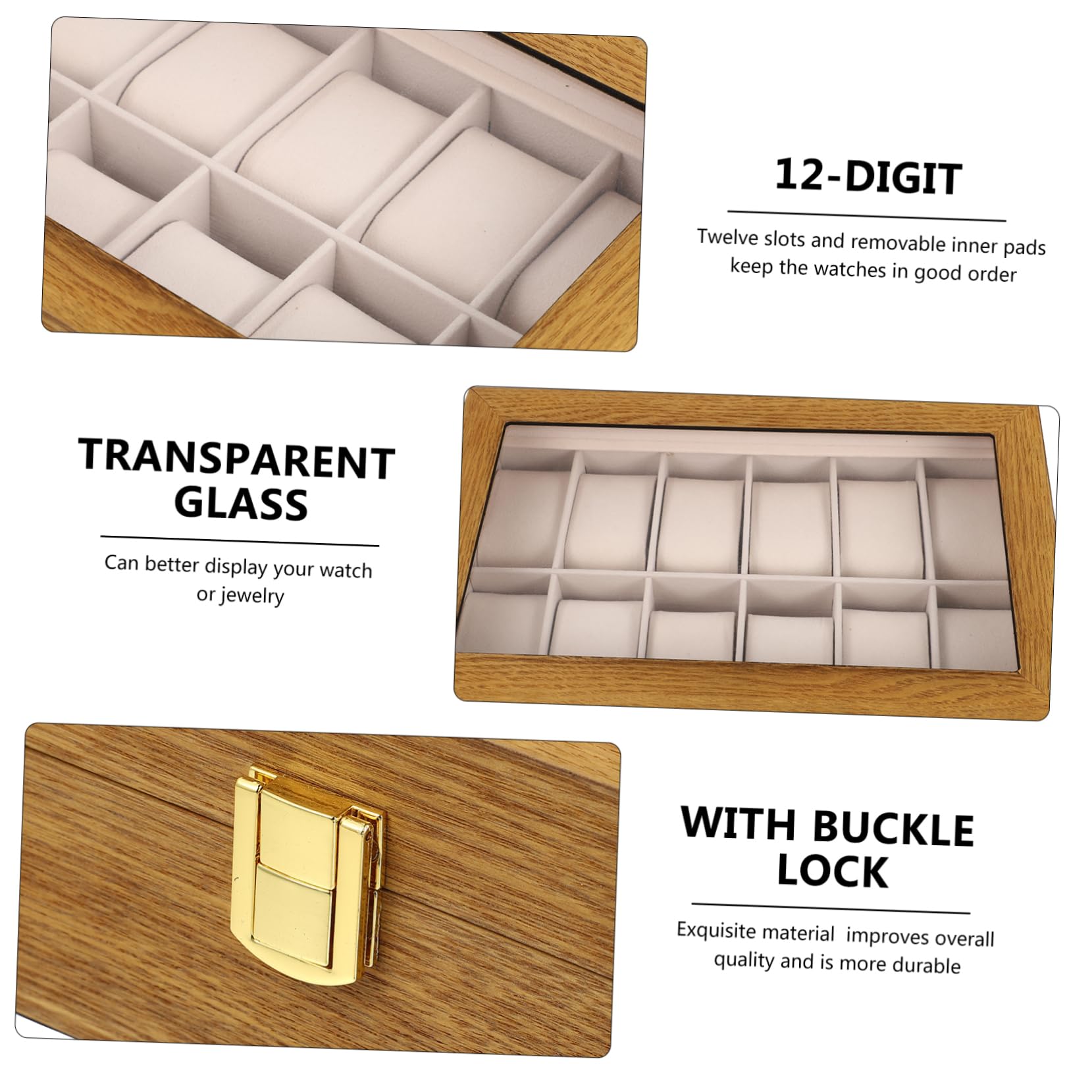 PACKOVE Boîte de Rangement pour Montres Écrin Montre en Bois 12 Compartiments Coussins Amovibles et Fermeture à Boucle pour Organiser et Exposer