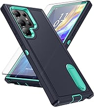 Asuwish Phone Case for Samsung Galaxy S23 Ultra 5G with Screen Protector Cell Cover Hybrid Hidden Stand Rugged Shockproof Hard Heavy Duty Protective S23Ultra 23S S 23 23Ultra 6.8 inch (Navy+Cyan)