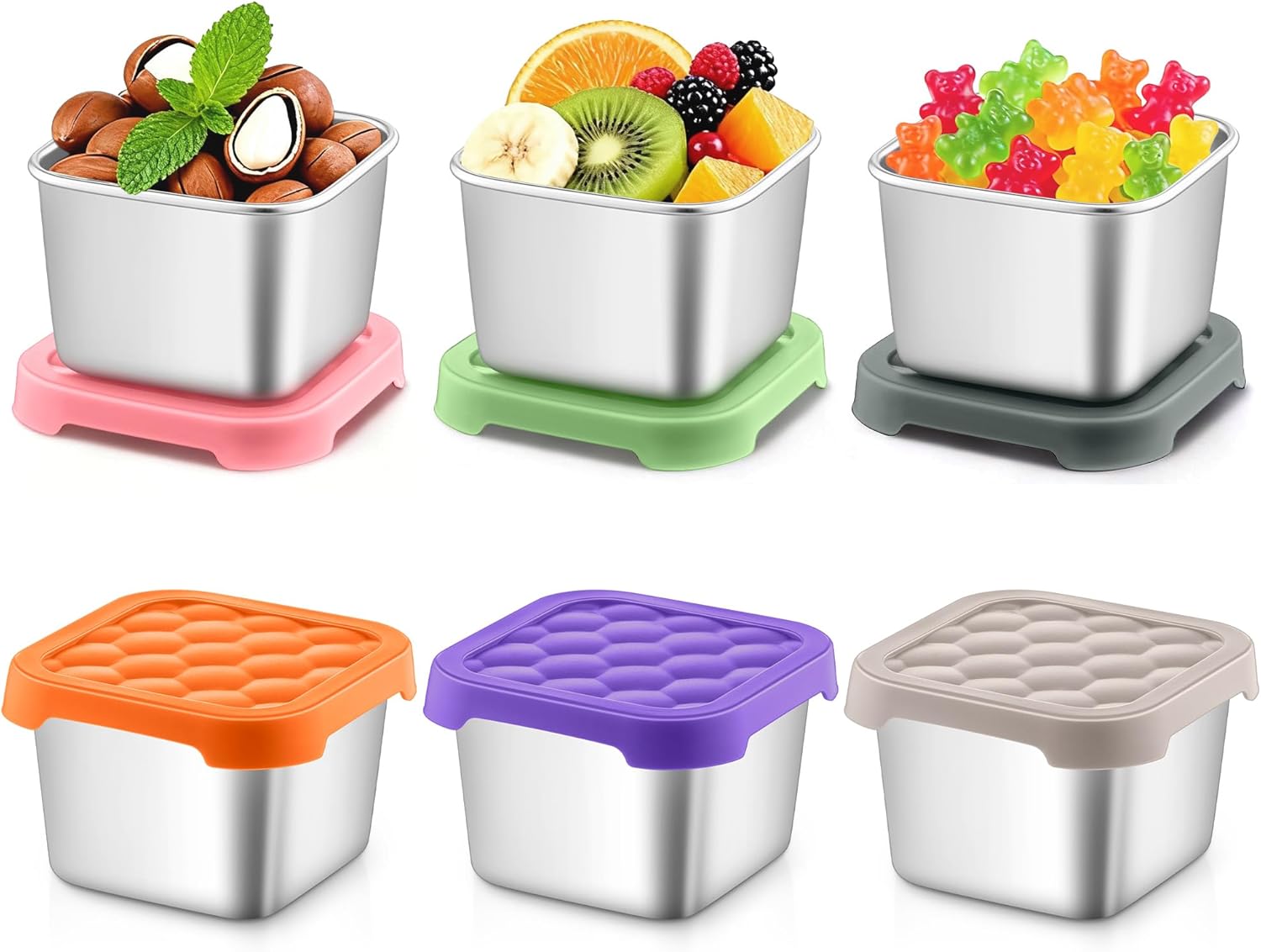 P&P CHEF 6oz Snack Containers Stainless Steel for Kids, 6 Pcs Small Snack Box Container with Silicone Lids, Reusable Metal Small Food Lunch Box for Kitchen/Travel/Outdoor, Stackable & Easy Open