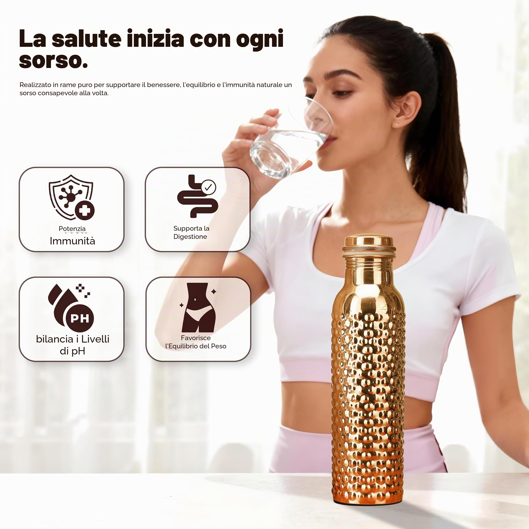 Borraccia in rame da 34 once con borsa per il trasporto in iuta, bottiglia in rame puro per acqua potabile, palestra, yoga, 1000 ml (1 bottiglia)