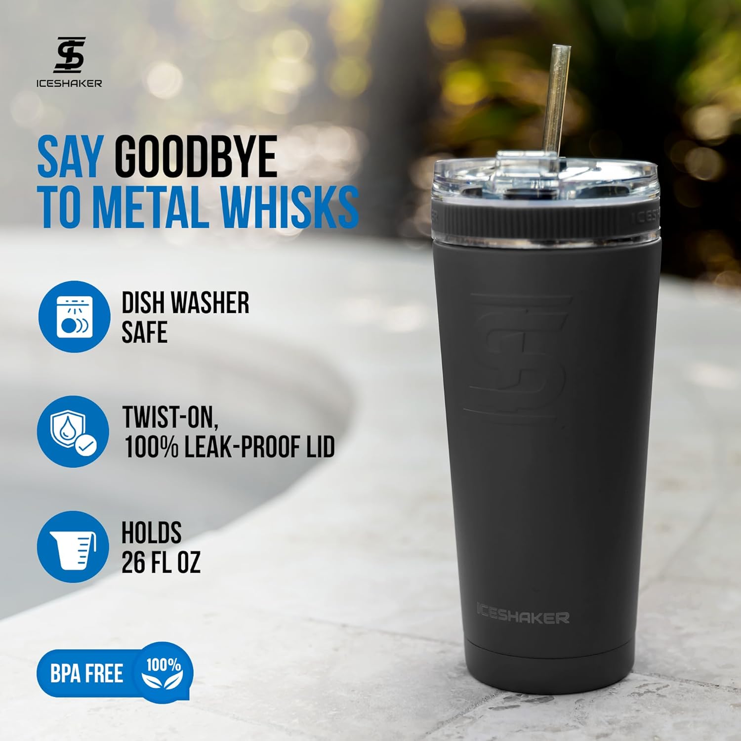 Ice Shaker 26 Oz Tumbler, Insulated Water Bottle with Straw, Stainless Steel Bottle, As Seen on Shark Tank, Water Bottle with Straw, Black - Image 4
