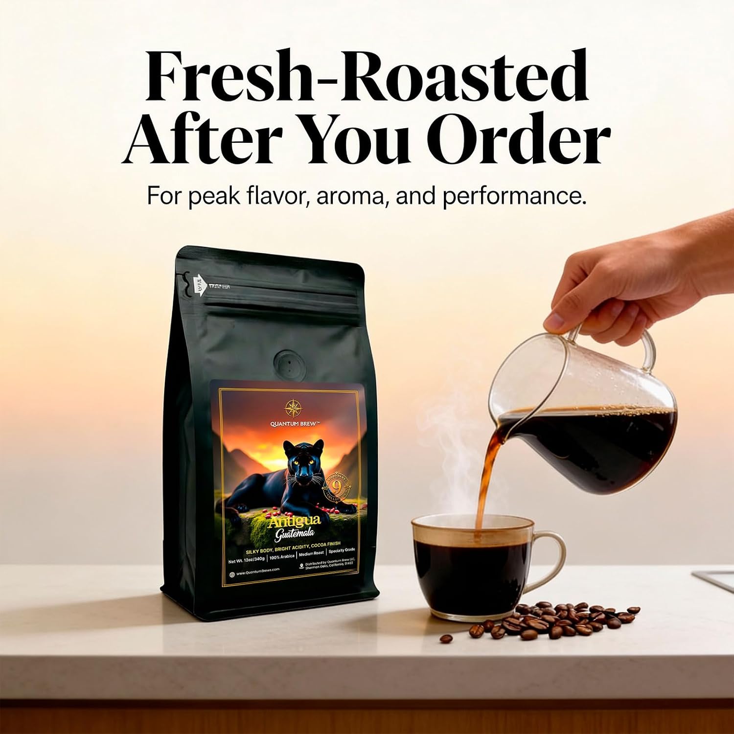 Quantum Brew Guatemala Antigua – Freshly Roasted After You Order – High-Performance Medium Roast Coffee, Whole Bean, 12oz