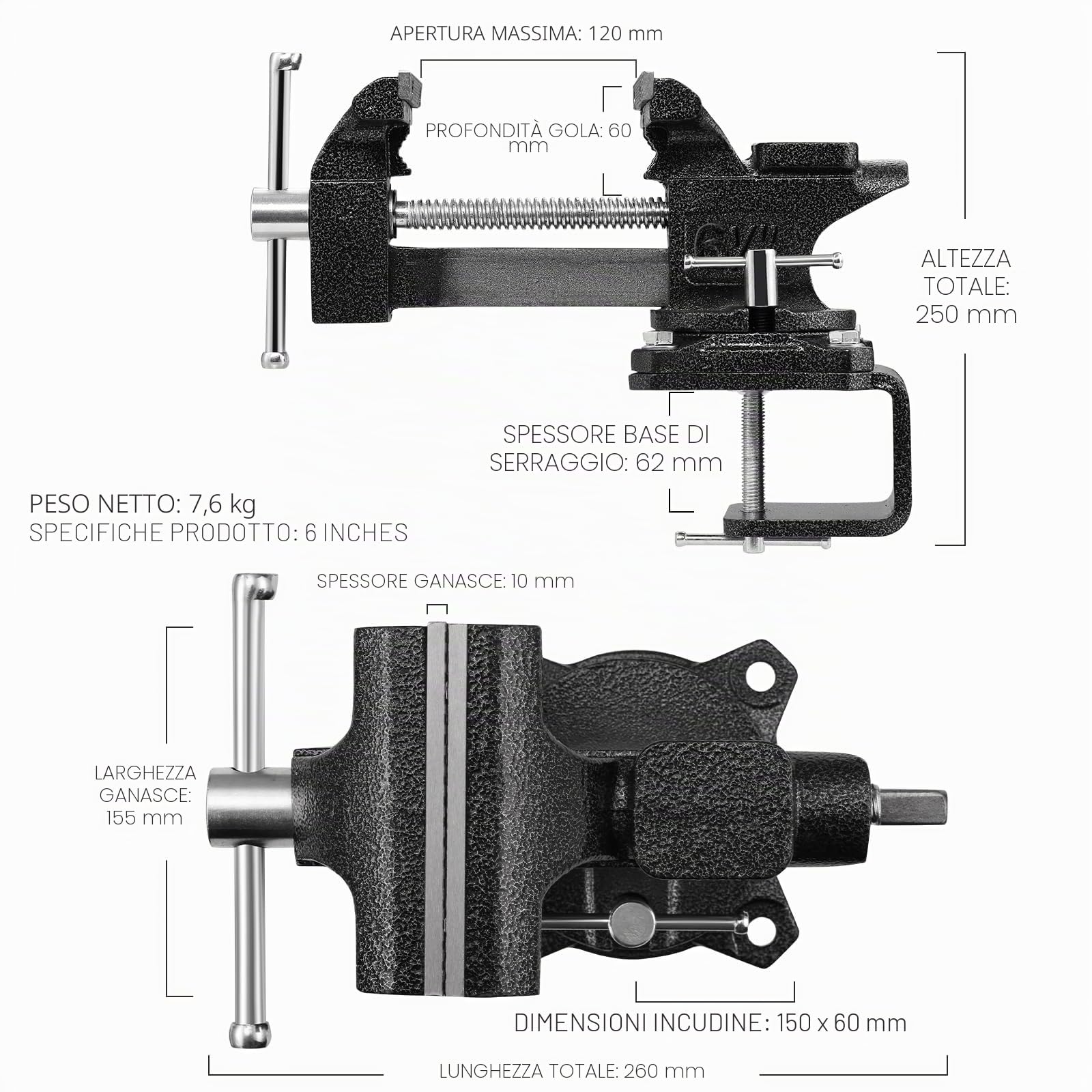 TEENO Morsa da Banco, 270 ° morsa da banco girevole,6 inch 7.6kg，con larghezza della mascella 150 mm， materiale in acciaio fuso, potenza di serraggio 1000 kg（Con fissaggio da tavolo）