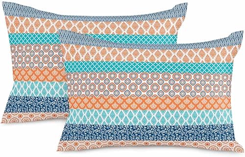 Miniatura 1 de Paquete de 2 fundas de almohada decorativas de algodón, bohemio, naranja, verde azulado, turquesa, rayas geométricas, 12 x 20 pulgadas, rectangular,