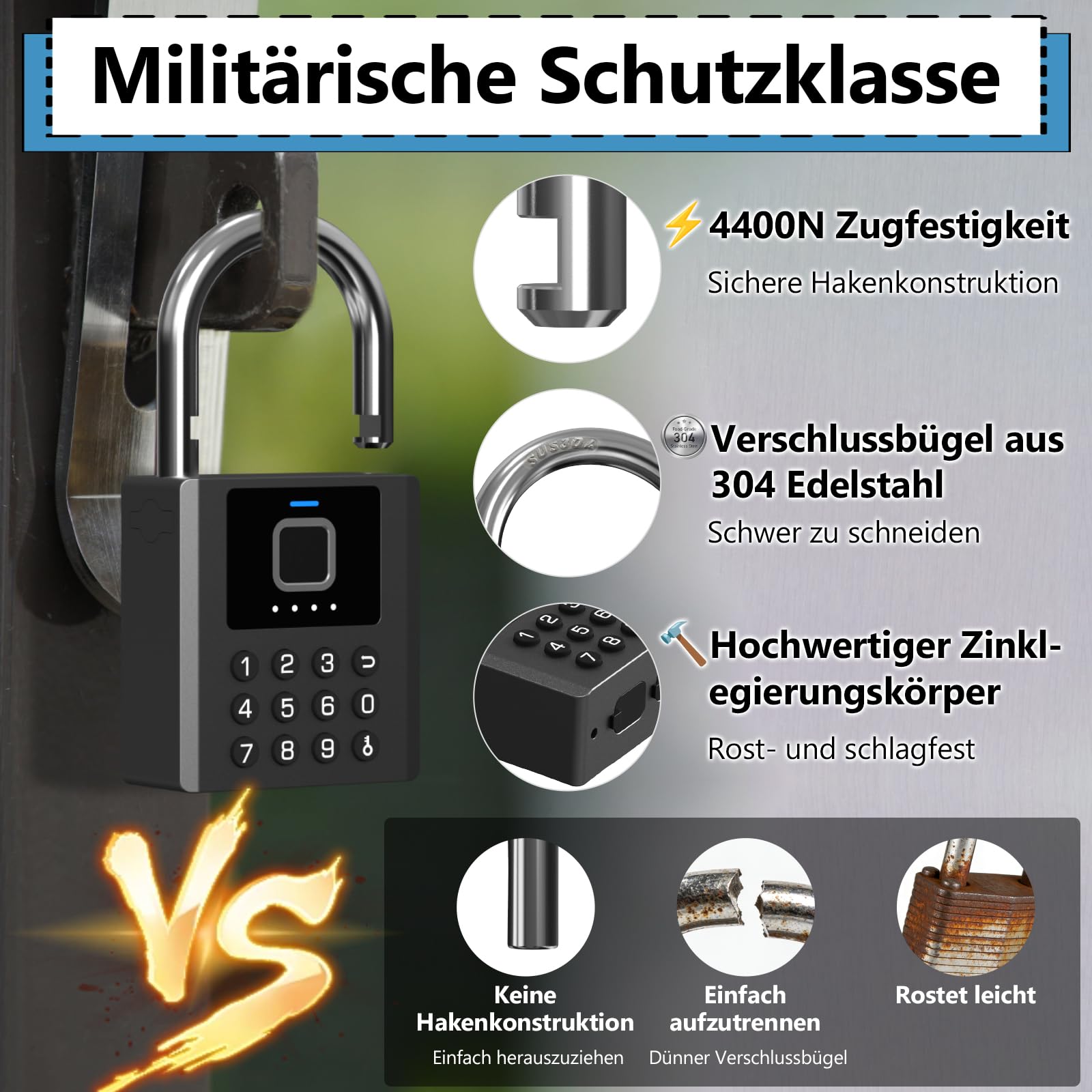 Eseesmart Candado de huellas dactilares con código numérico, 8 mm, doble gancho, IP67, resistente al agua, cerradura de seguridad inteligente con llave Bluetooth para vallas exteriores, puertas de