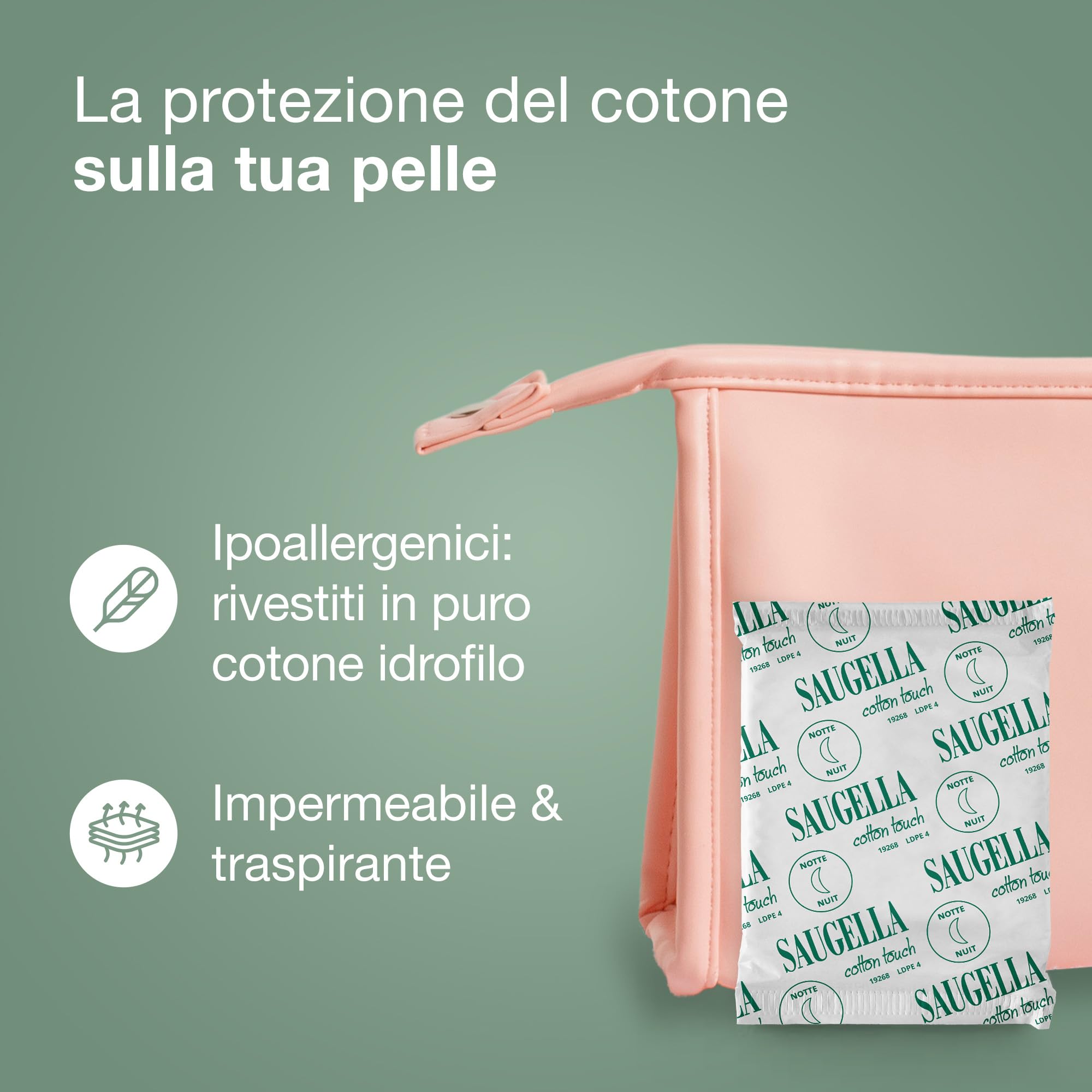 Saugella Assorbenti Cotton Touch Notte, 36 Assorbenti Cotone Notte con Ali, Azione Antibatterica, Antiodore e Lenitiva