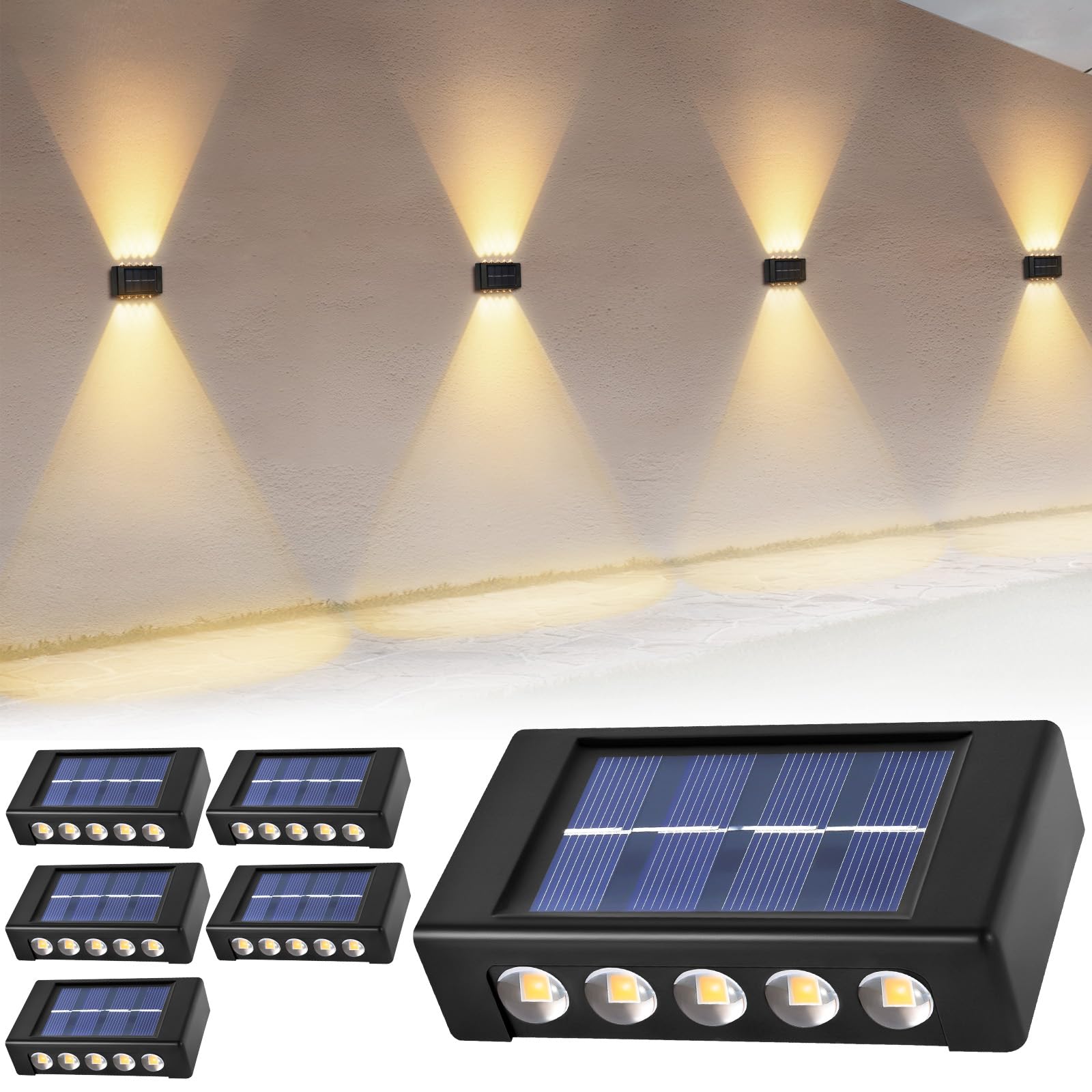 AXFEE Aplique Solar Exterior, IP44 Impermeable Luz Solar Exteriore, 10 Cuentas de Lámpara LED, La Parte Superior y La Inferior Están Brillando, Lámpara Solars Potente para Patio,Jardín y Valla (6PCS)
