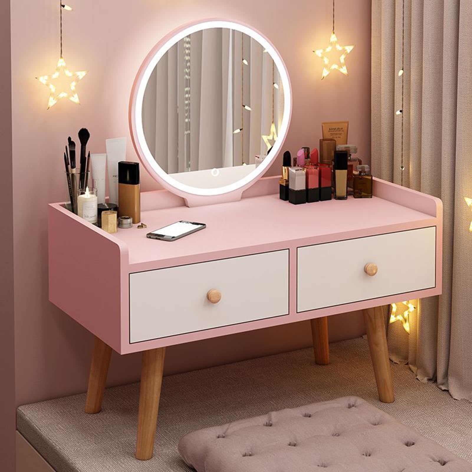 Escritorio de maquillaje para ventanales con luces y tocador integrado