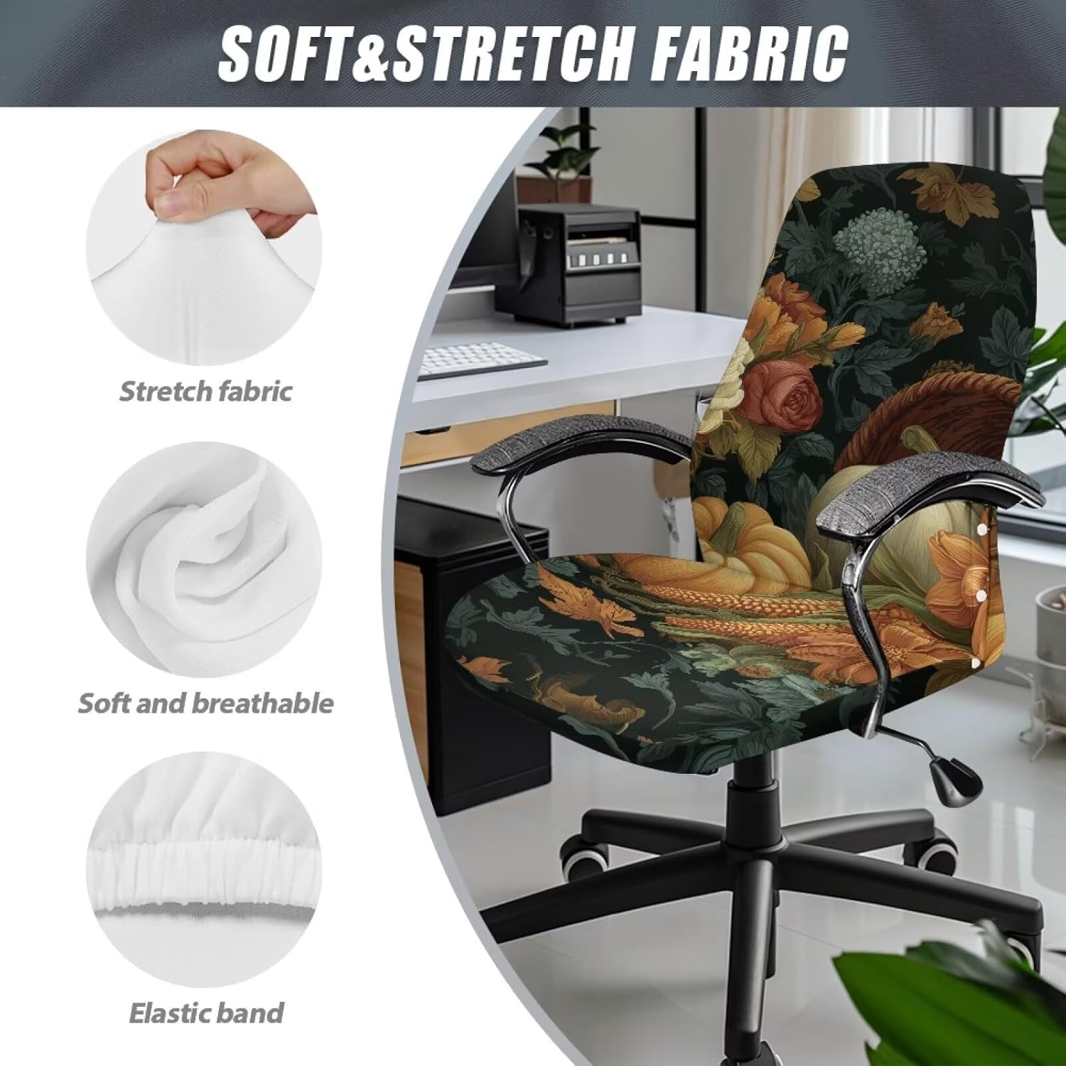 Cute Pumpkin Office Chair Covers Stretch Desk Chair Cover, Jacquard Executive Computer Chairs Covers for Armrest Chairs, Non Slip Home Seat Cover Protector Slipcover Size S