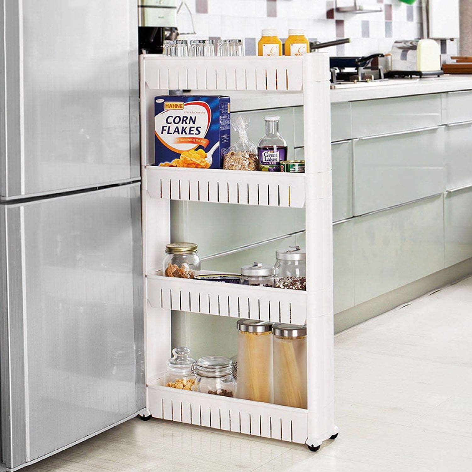 Thrink White 4 Tier Slim Slide Out Kitchen Bathroom Trolley Rack Holder | Space Saving | Fits In Neatly Between A Fridge Or Washing Machine | Made Of Durable Plastic | Dimensions: W54cm X D13cm X H110cm