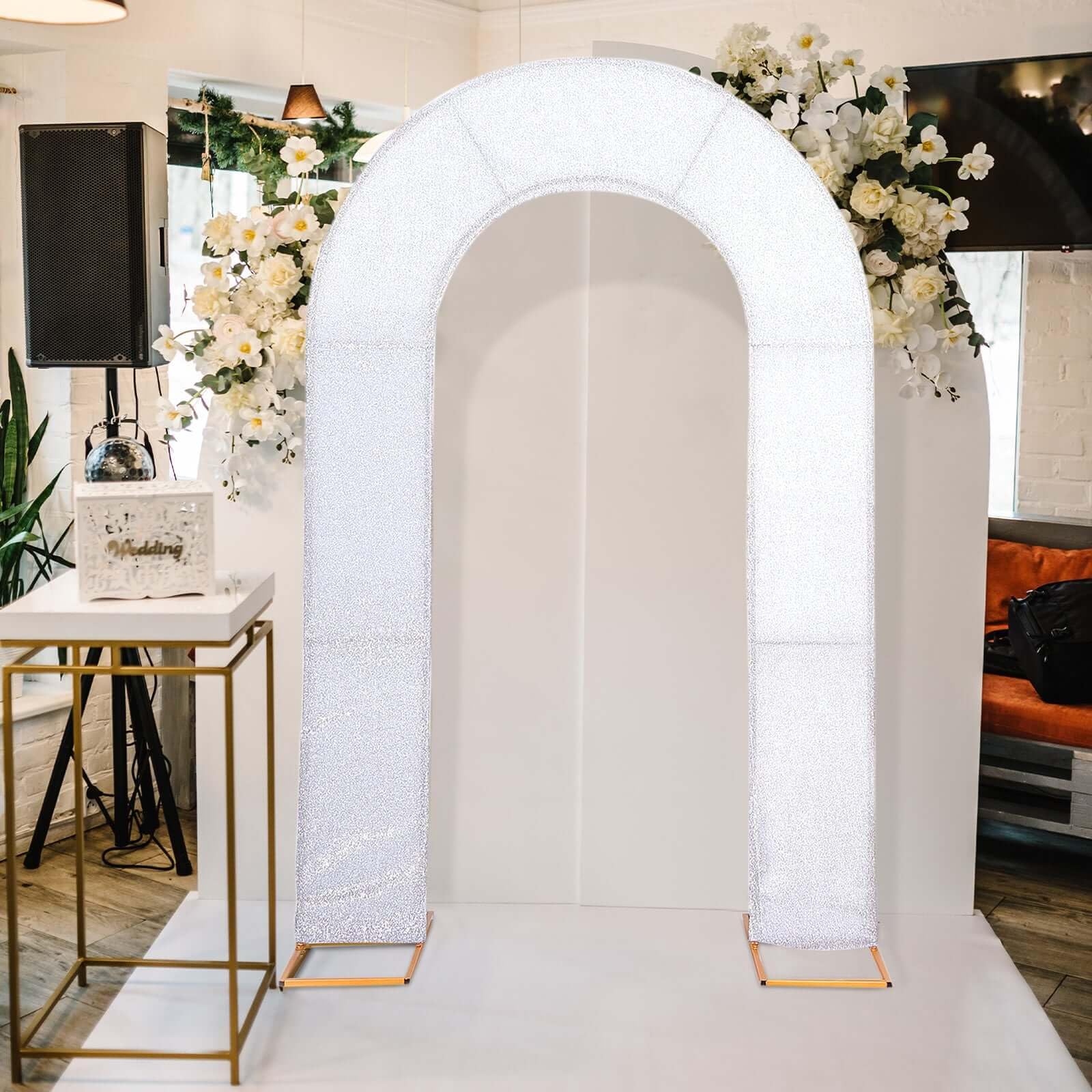 Efavormart Silver 7ft Shimmer Tinsel Spandex Arch Backdrop Cover, Double-Sided Round Top Wedding Arch Slipcover, Fitted U-Shape Stretch Fabric for
