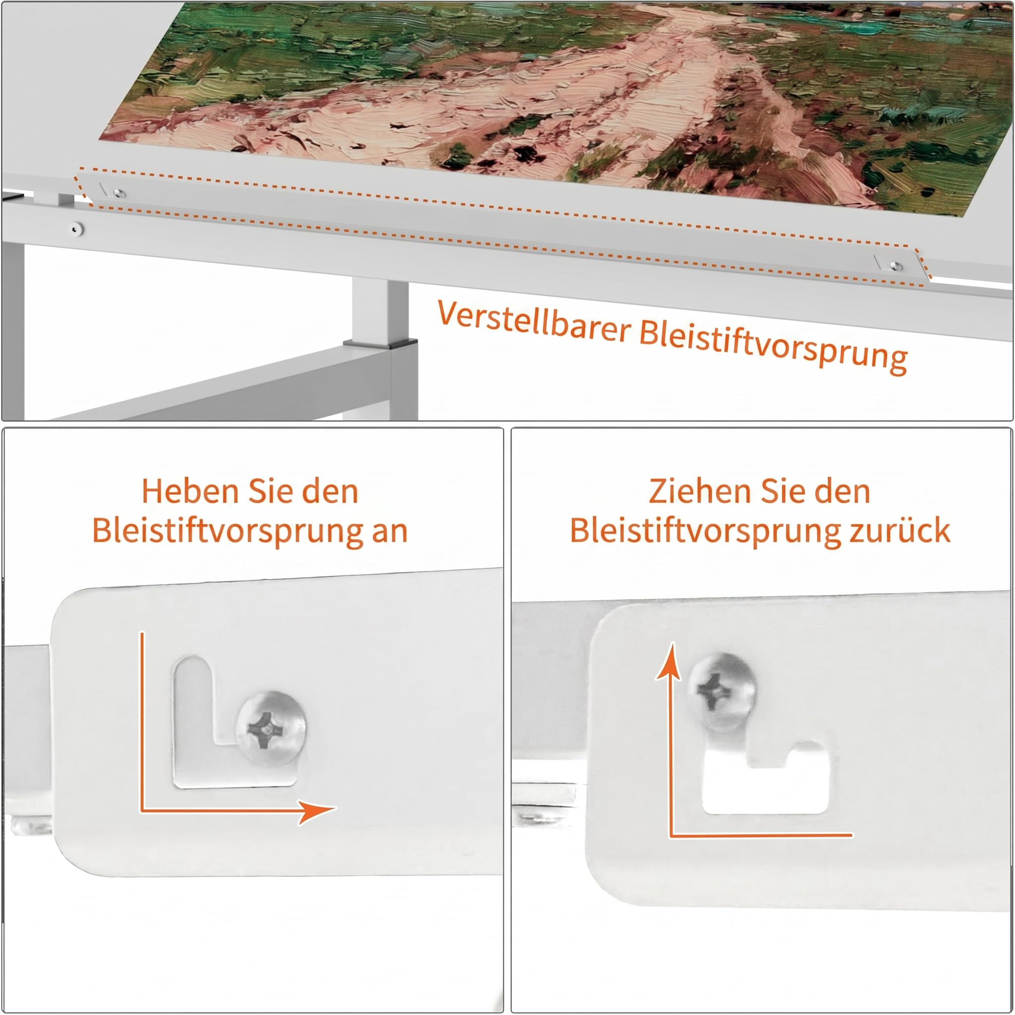Zeichentisch mit 4 Nivellierfüßen, Schreibtisch mit Verstellbarer Tischplatte(0-60 Grad), Architektentisch, Schülerschreibtisch für Techniker, Architekten, 120x60x77-100cm, Weiß